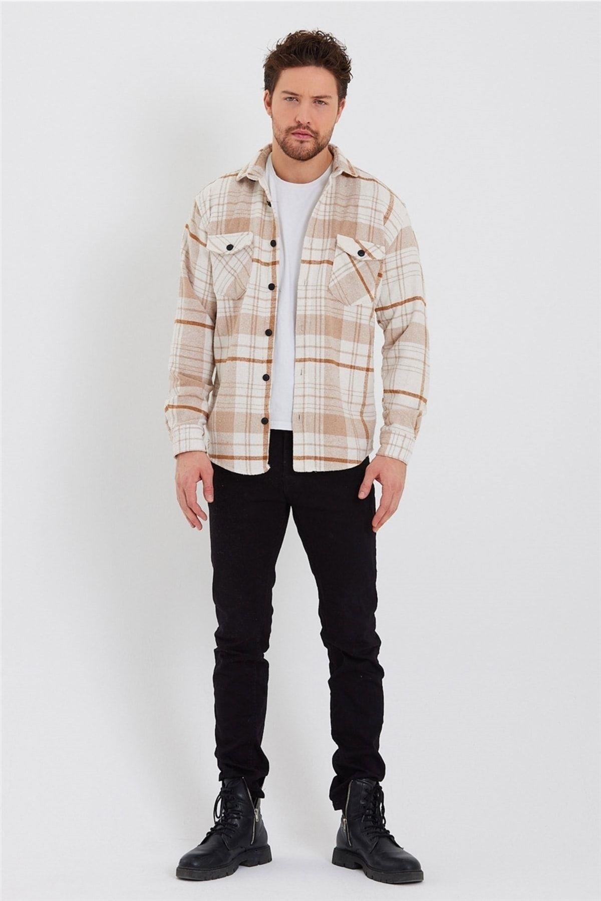 TARZ COOLGömlekODG001Erkek Kırık Beyaz-turuncu Çift Cep Kapaklı Slim Fit Oduncu Gömlek-odg001r9500s