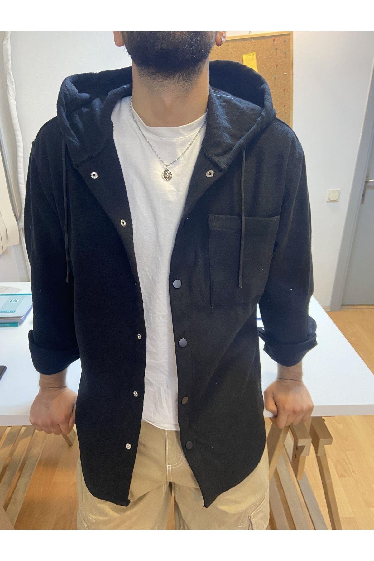TARZ COOLGömlekTKCPKPGM01Erkek Siyah Tek Cep Kapaklı Slim Fit Kapüşonlu Oduncu Gömlek