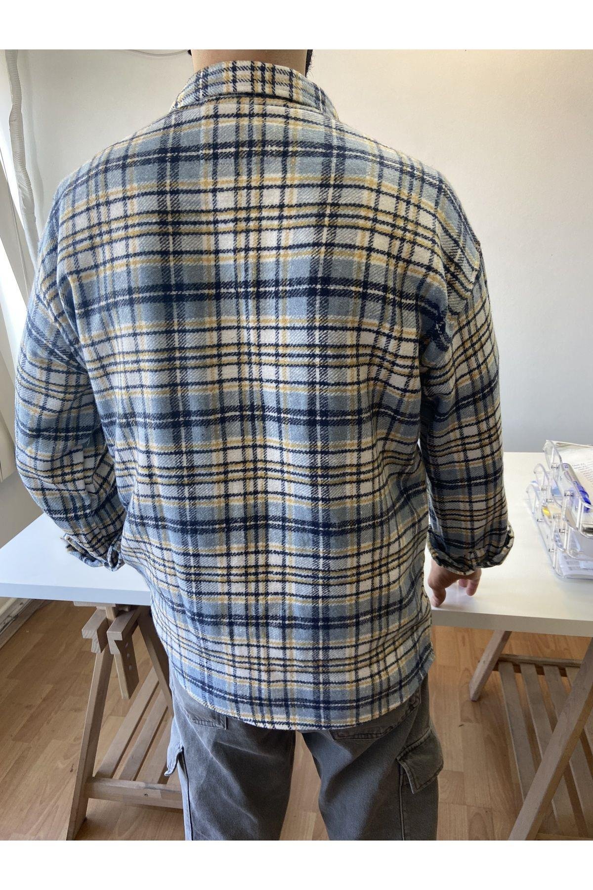 TARZ COOLGömlekTYC0458202871M00ODG001001Mavi-Sarı-Beyaz Erkek Slim Fit Çift Cep Kapaklı Kaşe Oduncu Gömlek
