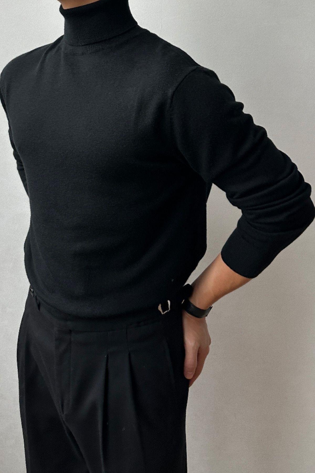 TARZ COOLKazakTRZ1506Erkek Siyah Tam Balıkçı Slim Fit Triko Kazak