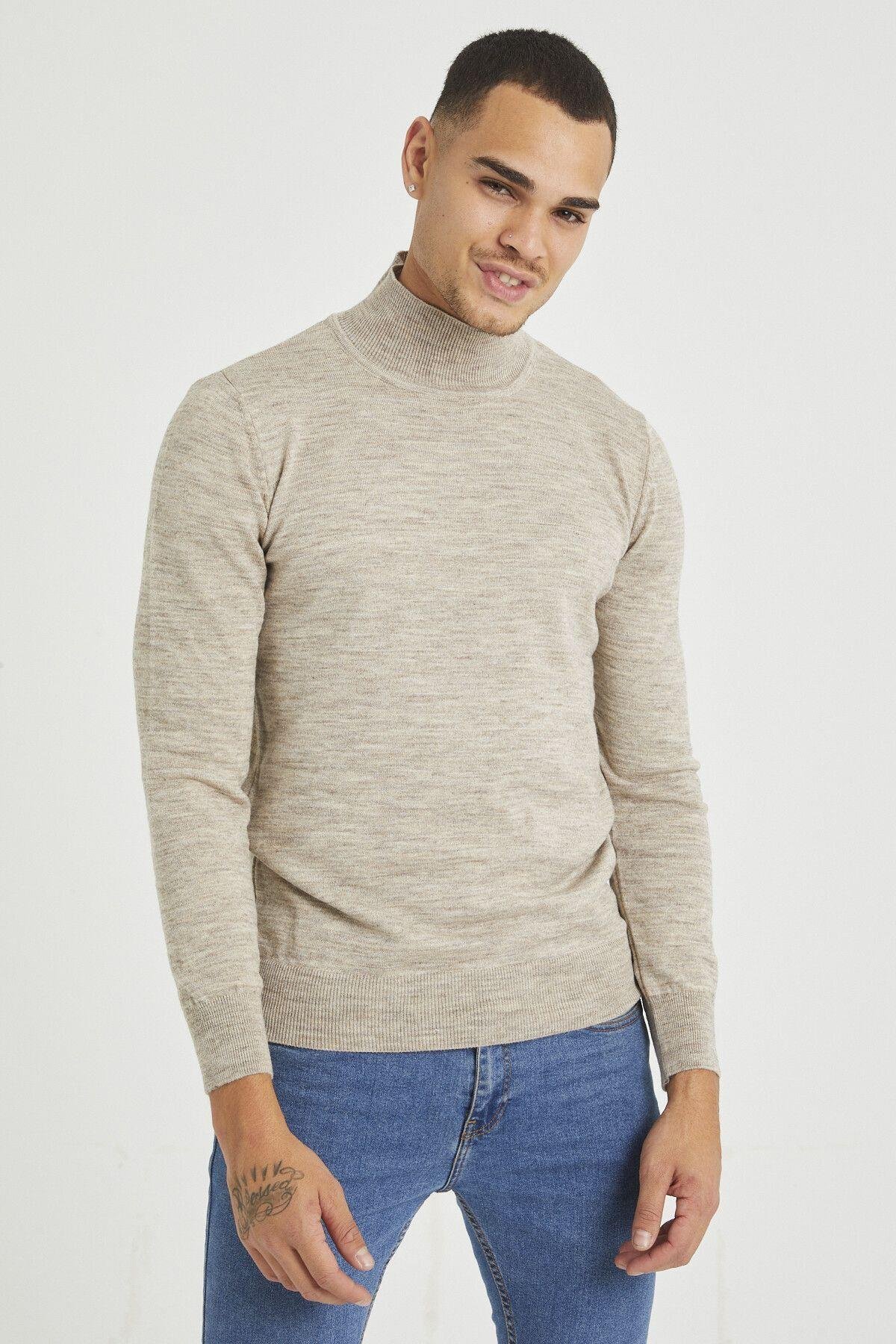 TARZ COOLKazakTRZ1633Taş Erkek Slim Fit Yarım Balıkçı Yaka Akrilik-Pamuk Karışımlı Basic Triko Kazak