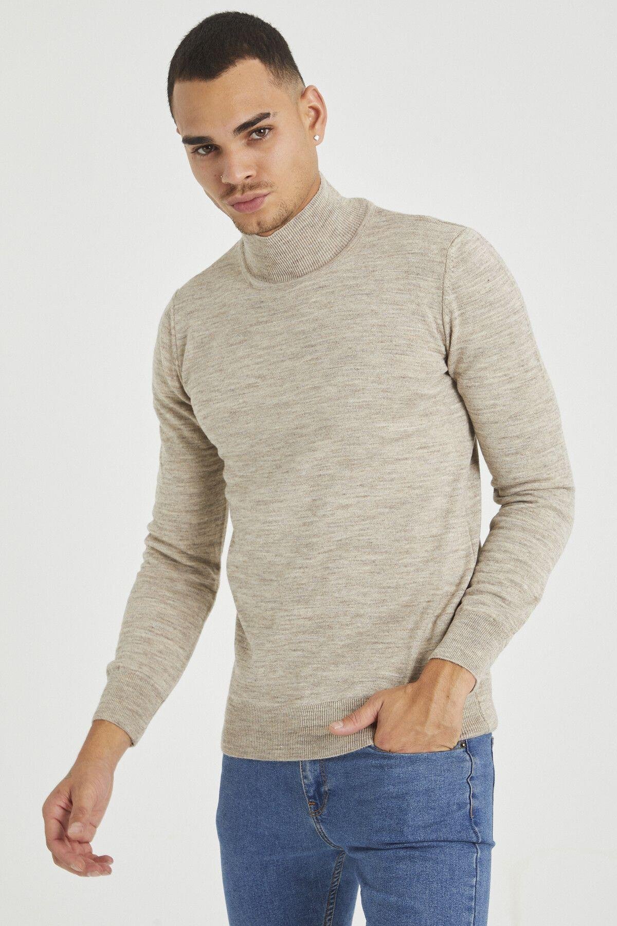 TARZ COOLKazakTRZ1633Taş Erkek Slim Fit Yarım Balıkçı Yaka Akrilik-Pamuk Karışımlı Basic Triko Kazak