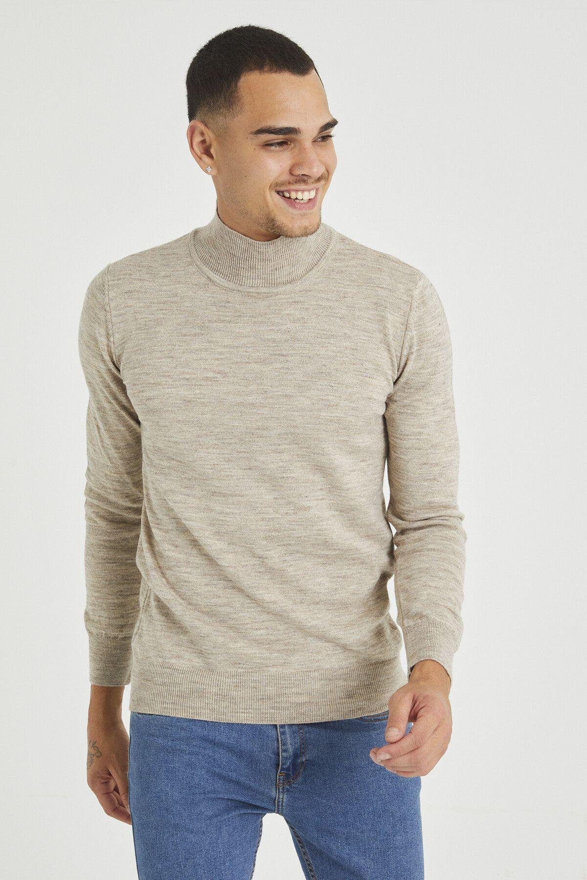 TARZ COOLKazakTRZ1633Taş Erkek Slim Fit Yarım Balıkçı Yaka Akrilik-Pamuk Karışımlı Basic Triko Kazak