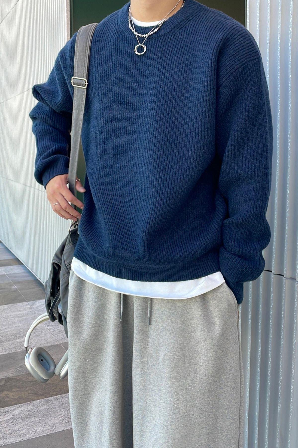 TARZ COOLKazakTRZ19105Erkek Mat Lacivert Regular Fit Bisiklet Yaka Örgülü Triko