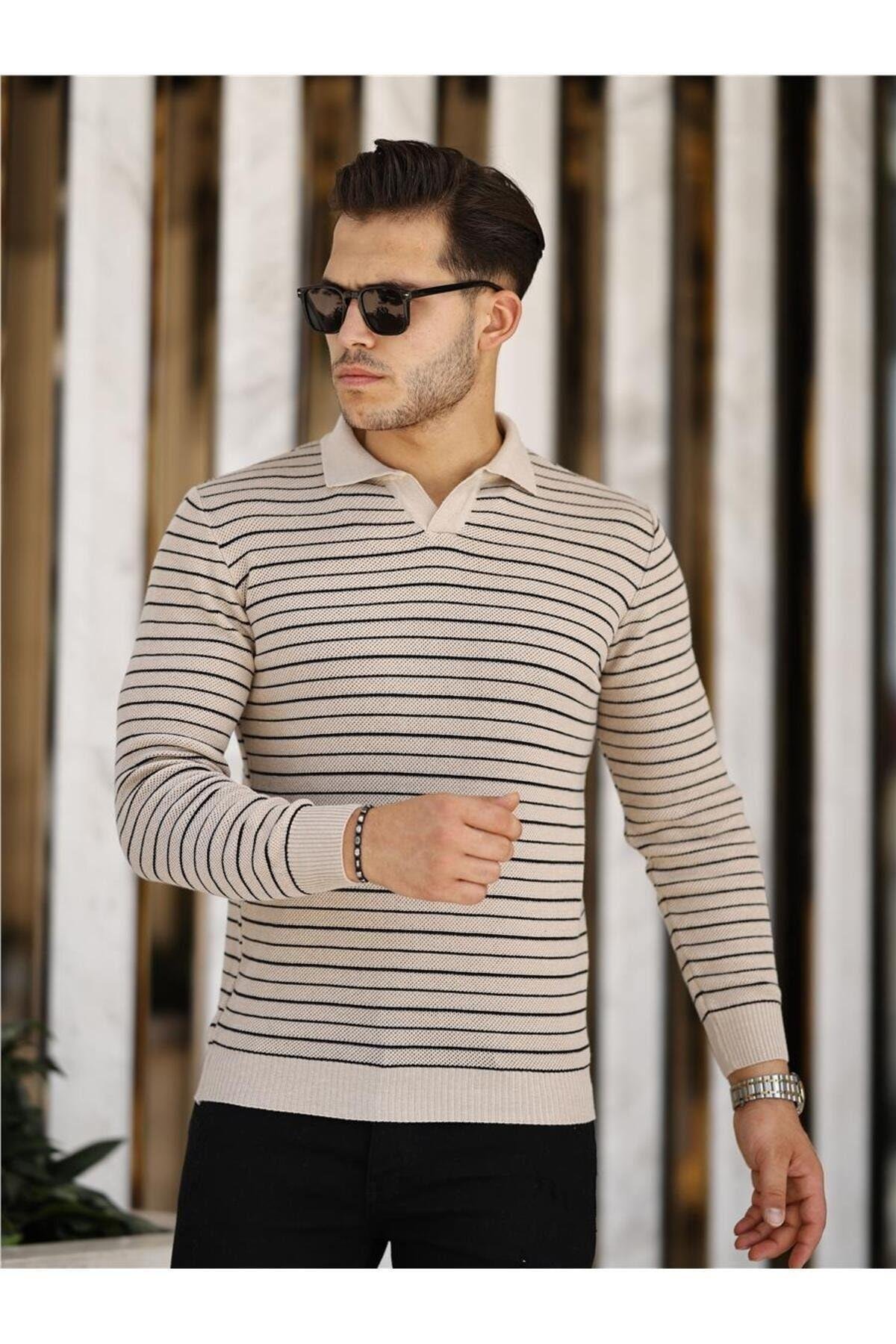 TARZ COOLKazakTRZ19132Vizon Erkek Slim Fit Polo Yaka Patlı Triko Kazak-TRZ19132R03S