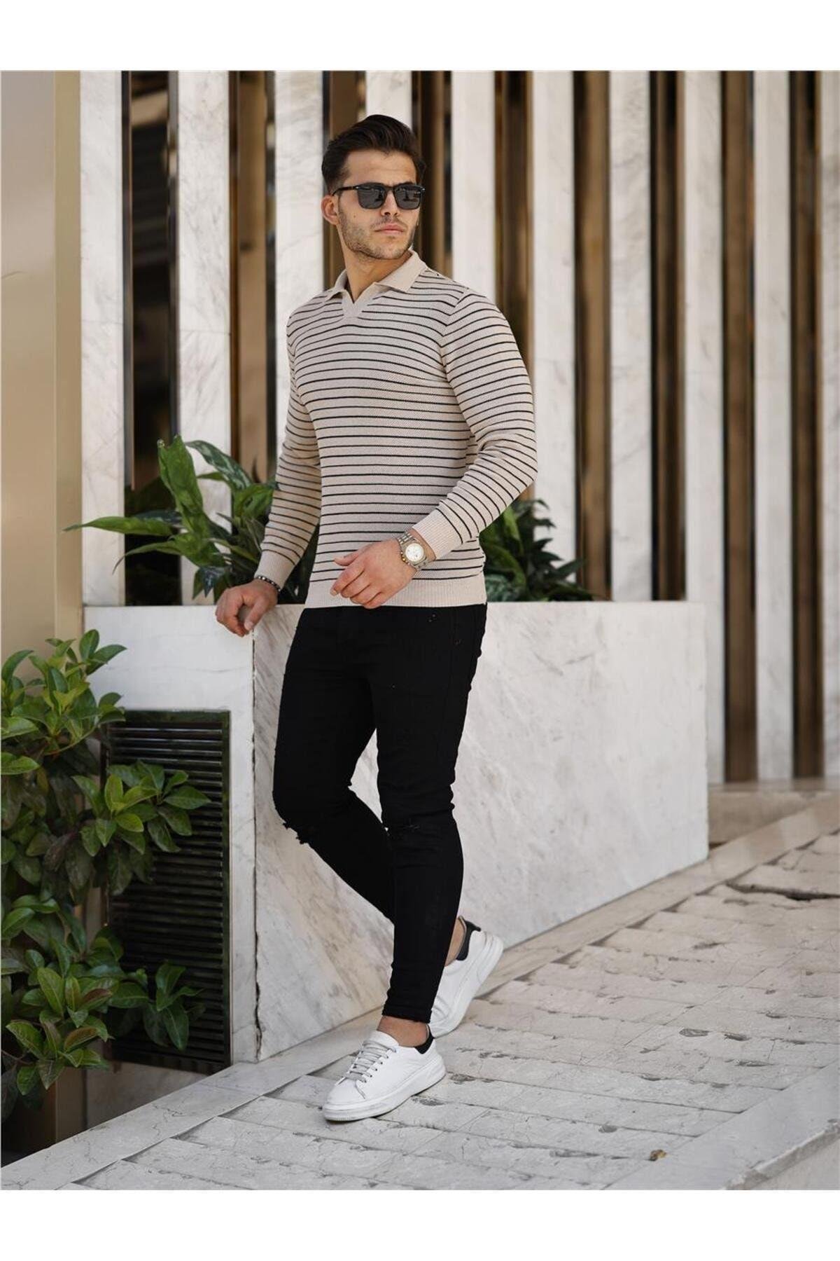 TARZ COOLKazakTRZ19132Vizon Erkek Slim Fit Polo Yaka Patlı Triko Kazak-TRZ19132R03S
