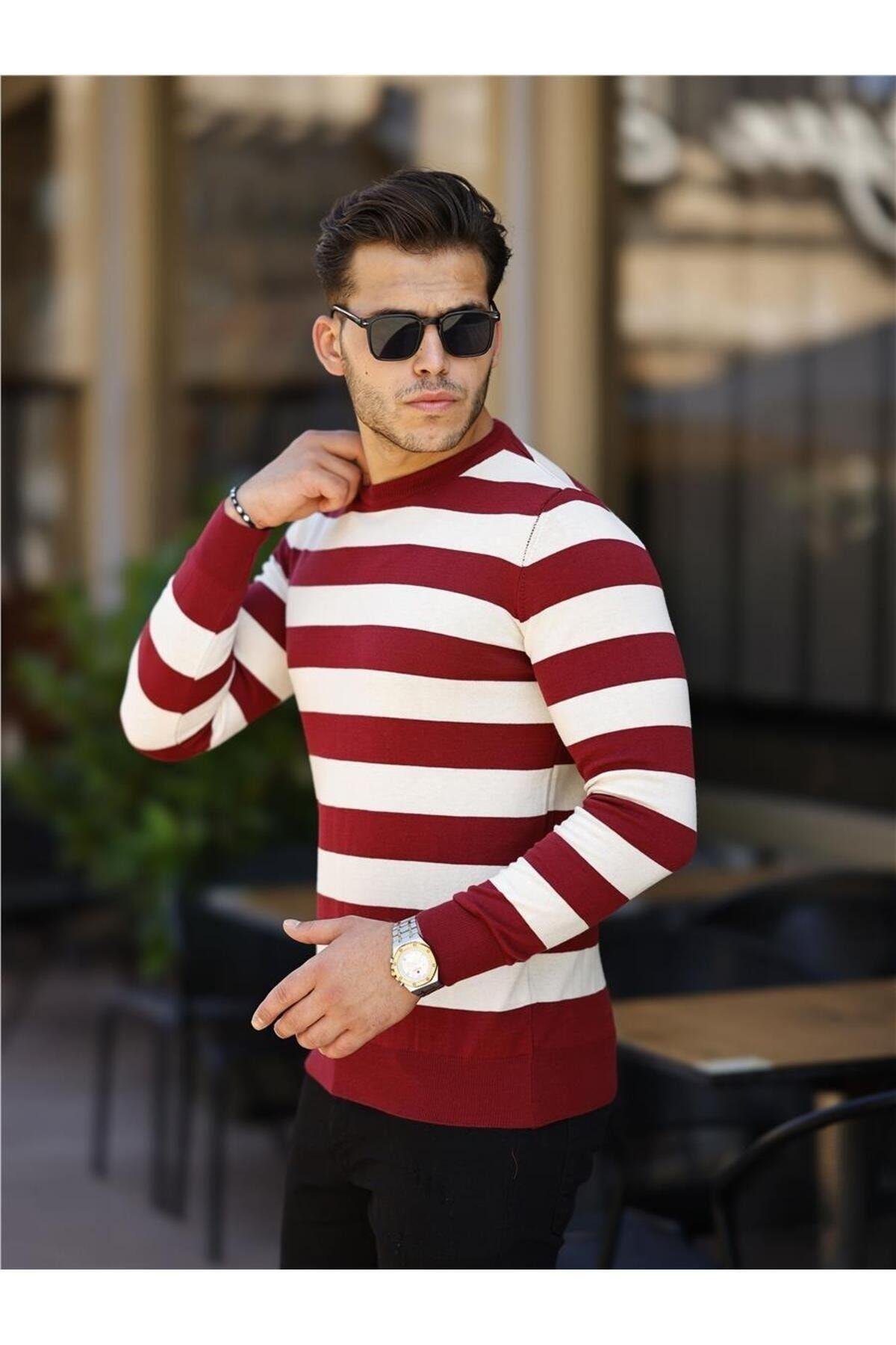 TARZ COOLKazakTRZ19140Bordo-Beyaz Erkek Slim Fit Bisiklet Yaka Çizgili Triko Kazak-TRZ19140R04S