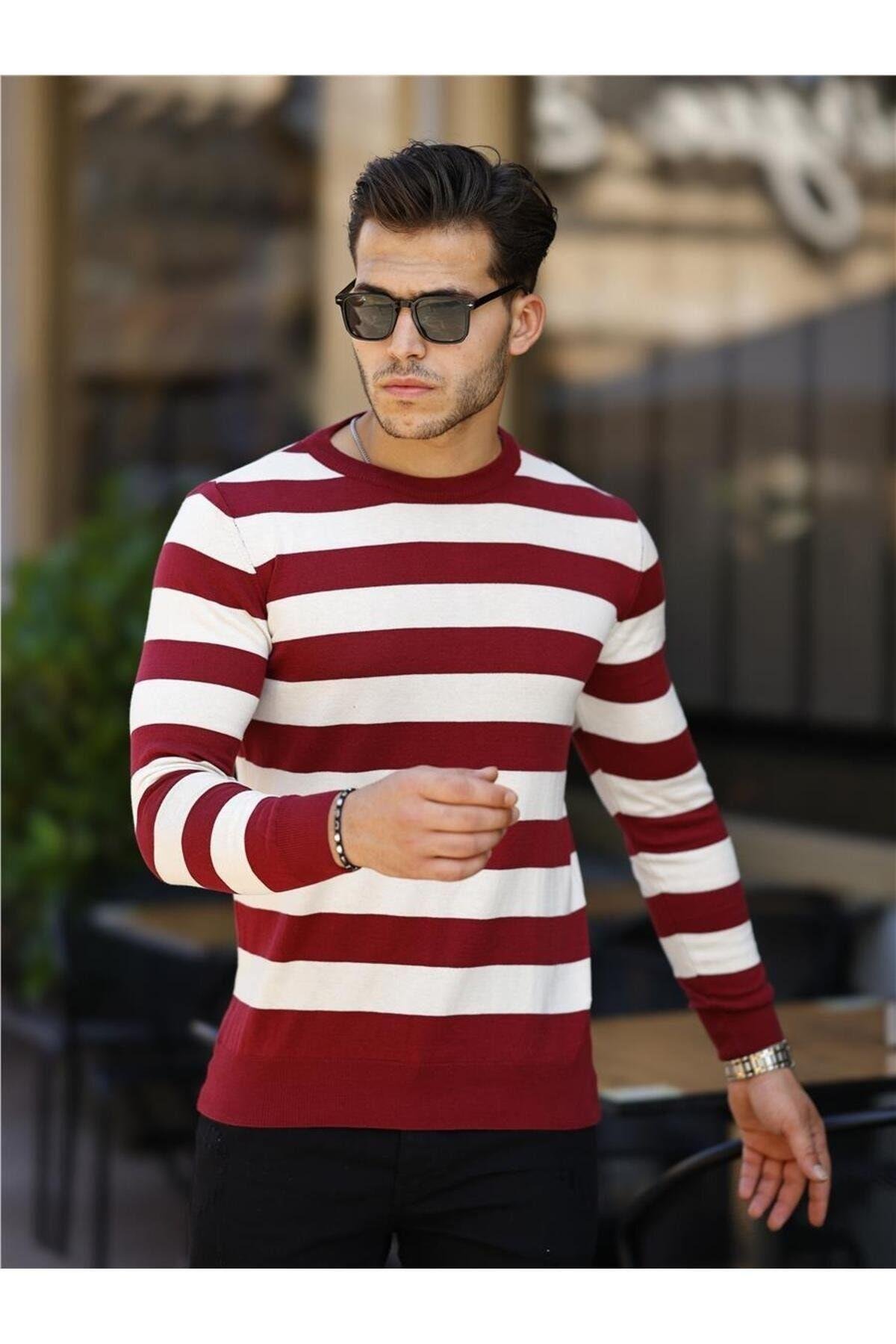 TARZ COOLKazakTRZ19140Bordo-Beyaz Erkek Slim Fit Bisiklet Yaka Çizgili Triko Kazak-TRZ19140R04S