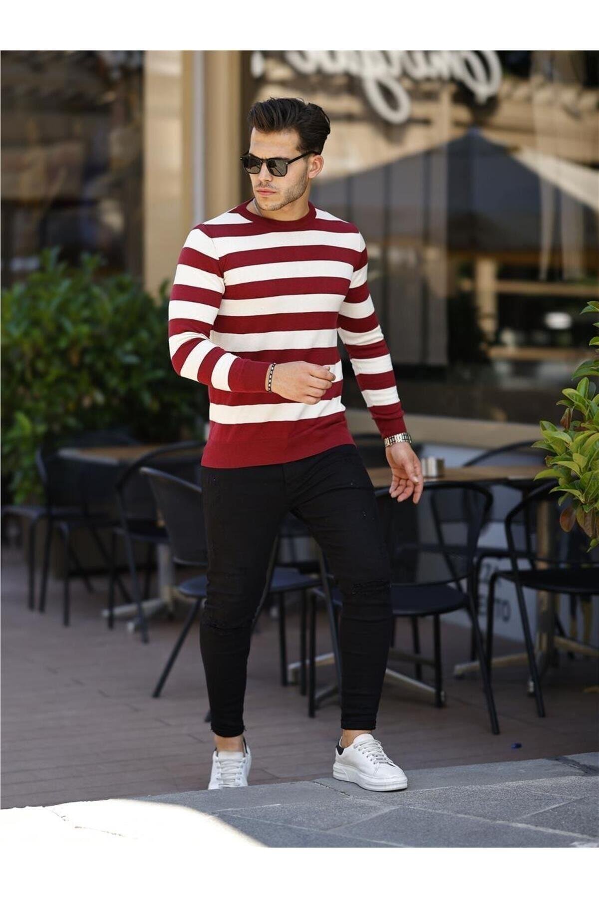 TARZ COOLKazakTRZ19140Bordo-Beyaz Erkek Slim Fit Bisiklet Yaka Çizgili Triko Kazak-TRZ19140R04S