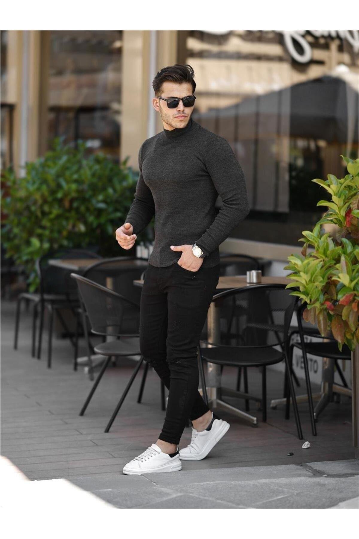 TARZ COOLKazakTRZ19158Füme Erkek Slim Fit Yarım Balıkçı Fitilli Triko Kazak-TRZ19158R02S
