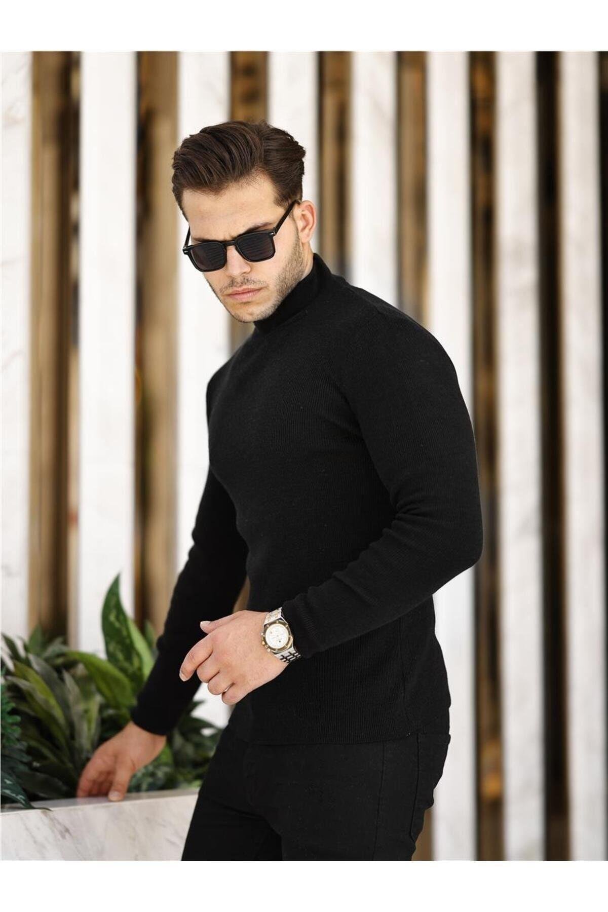 TARZ COOLKazakTRZ19158Siyah Erkek Slim Fit Yarım Balıkçı Fitilli Triko Kazak-TRZ19158R01S