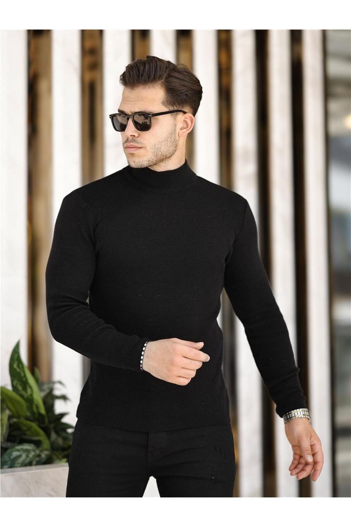 TARZ COOLKazakTRZ19158Siyah Erkek Slim Fit Yarım Balıkçı Fitilli Triko Kazak-TRZ19158R01S