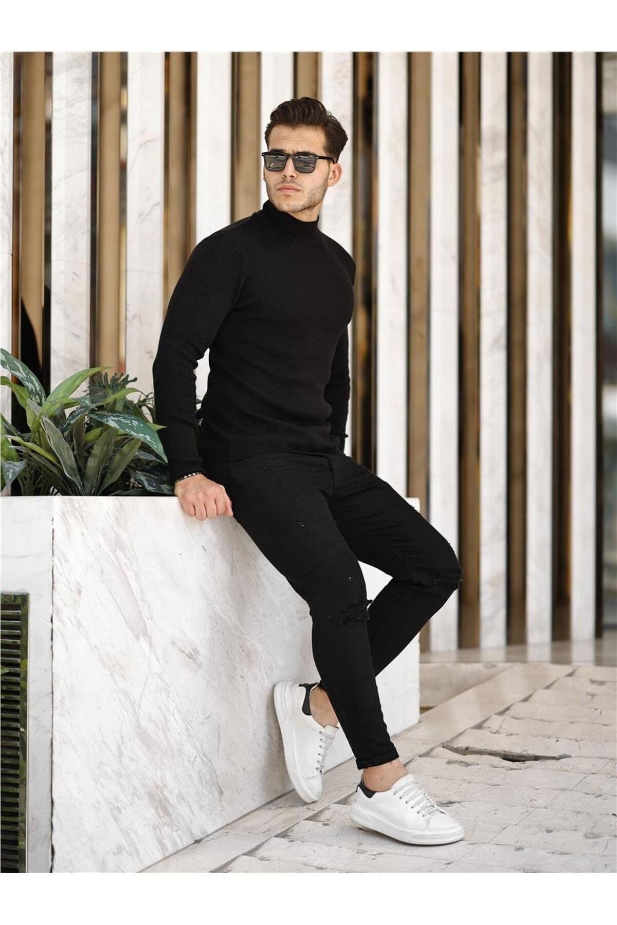 TARZ COOLKazakTRZ19158Siyah Erkek Slim Fit Yarım Balıkçı Fitilli Triko Kazak-TRZ19158R01S