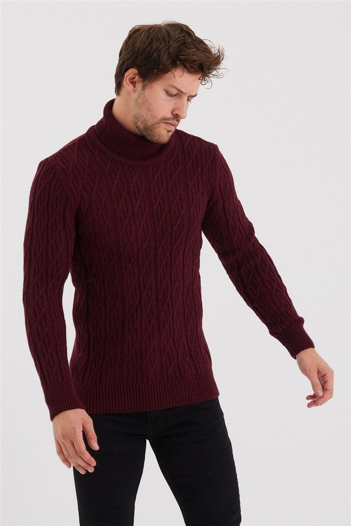 TARZ COOLKazakTRZ8147Erkek Bordo Örgü Desenli Triko Kazak-trz8147r01s