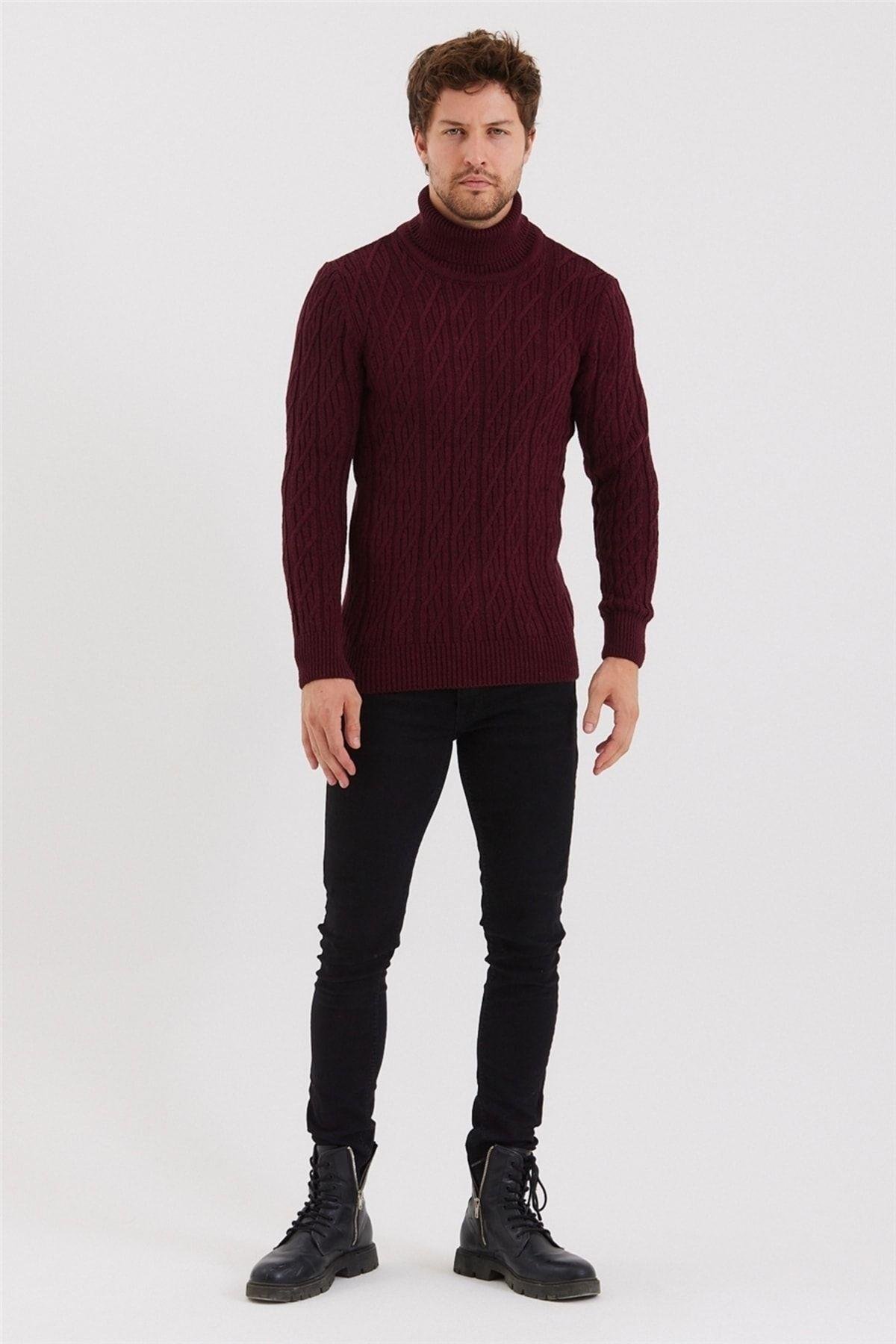 TARZ COOLKazakTRZ8147Erkek Bordo Örgü Desenli Triko Kazak-trz8147r01s