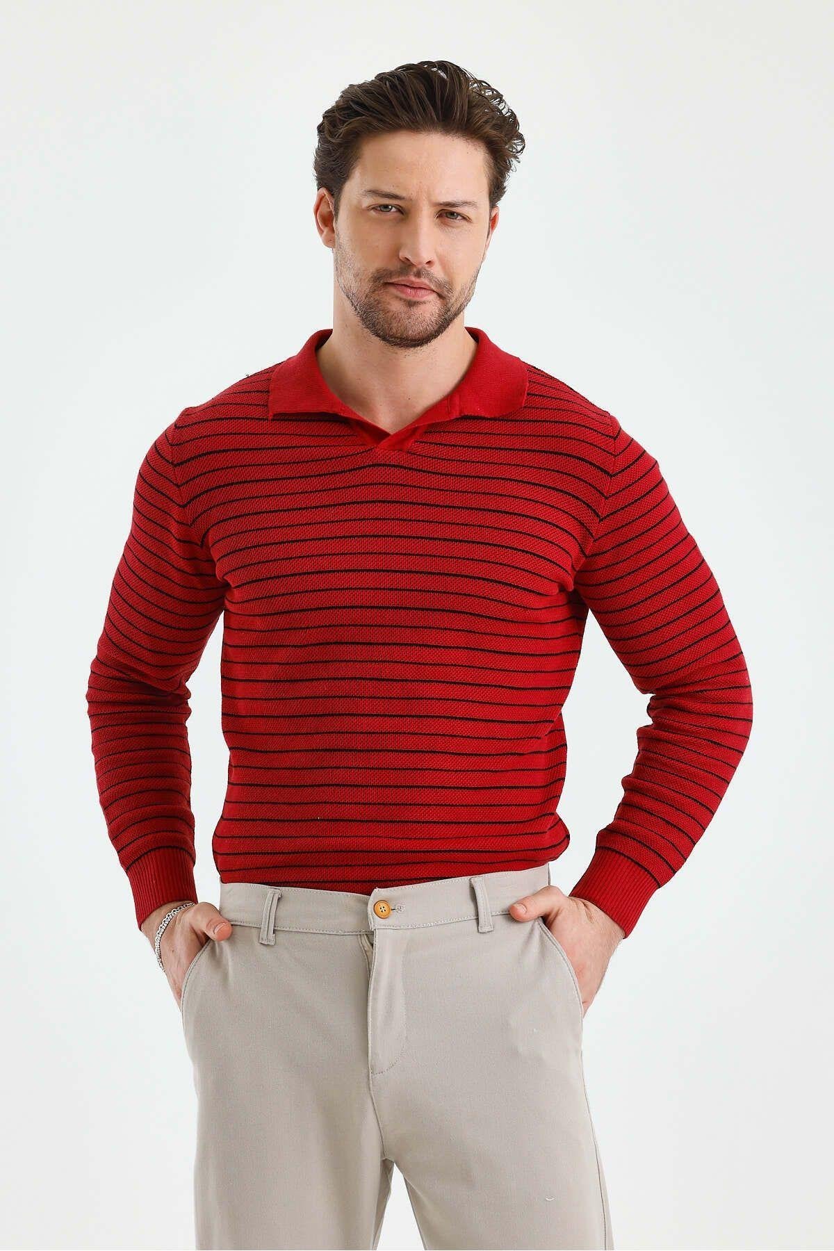 TARZ COOLKazakTZ18132Erkek Patlı Slim Fit Çizgi Detaylı Uzun Kollu Polo Yaka Triko Kazak
