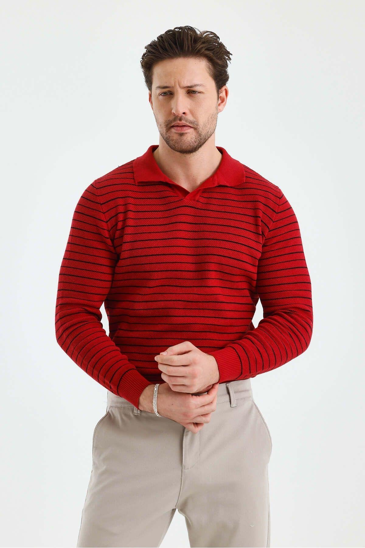 TARZ COOLKazakTZ18132Erkek Patlı Slim Fit Çizgi Detaylı Uzun Kollu Polo Yaka Triko Kazak