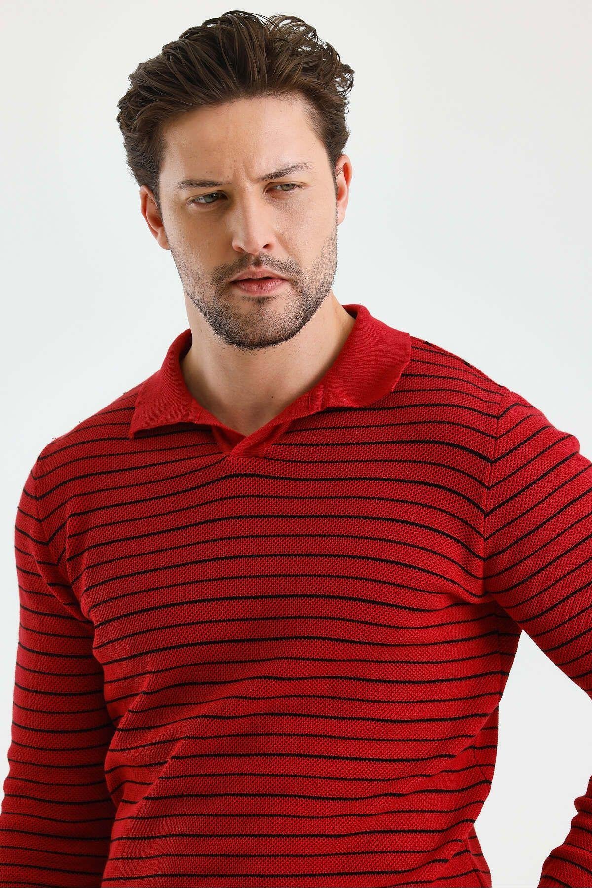TARZ COOLKazakTZ18132Erkek Patlı Slim Fit Çizgi Detaylı Uzun Kollu Polo Yaka Triko Kazak