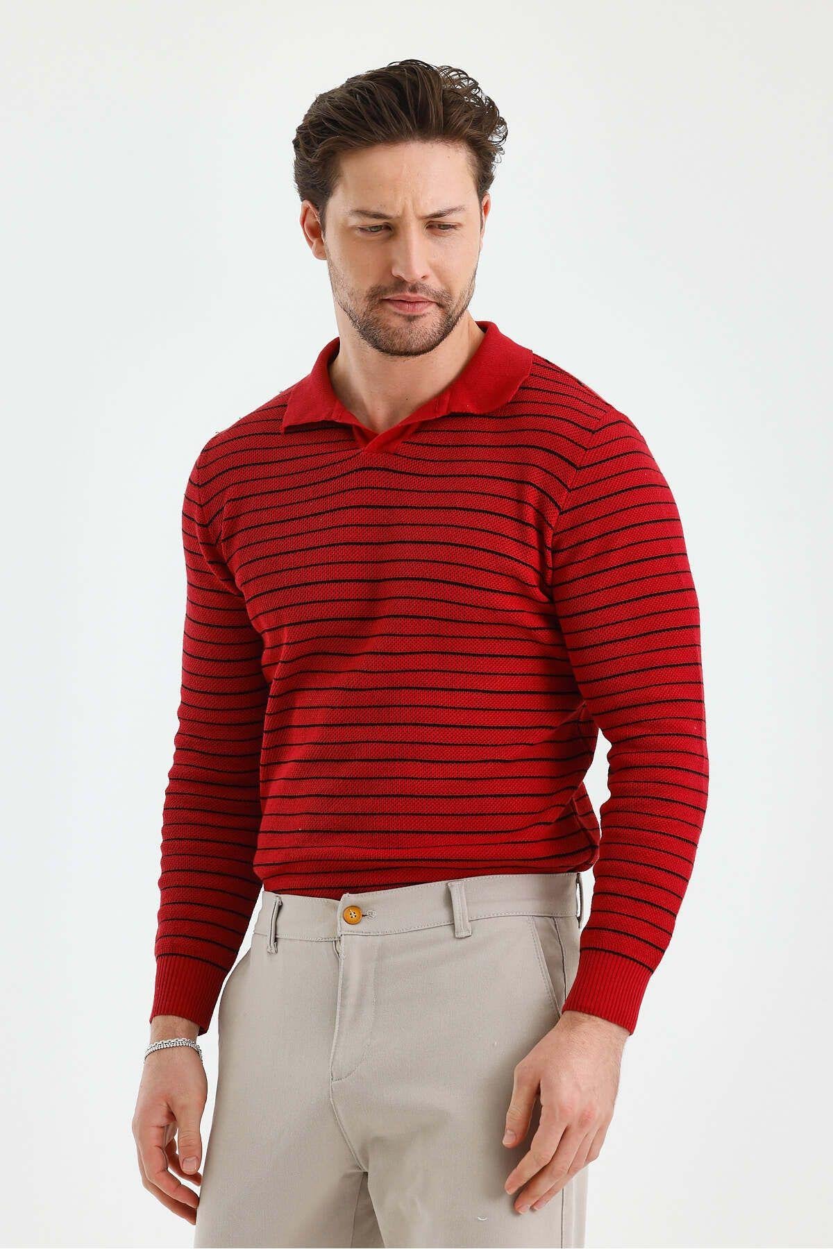 TARZ COOLKazakTZ18132Erkek Patlı Slim Fit Çizgi Detaylı Uzun Kollu Polo Yaka Triko Kazak