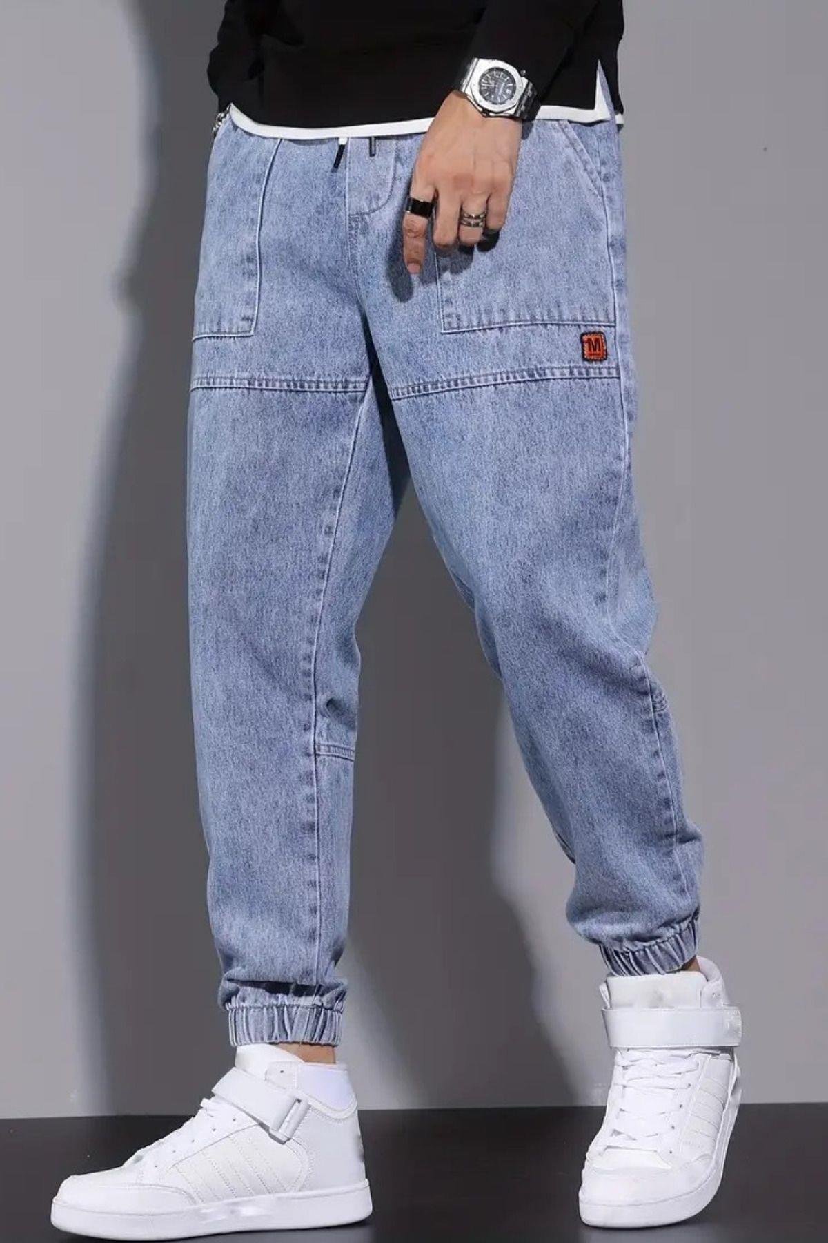 TARZ COOLPantolonREAXPN01Erkek Mavi Bel Ve Paça Lastikli Jogger Kot Pantolon