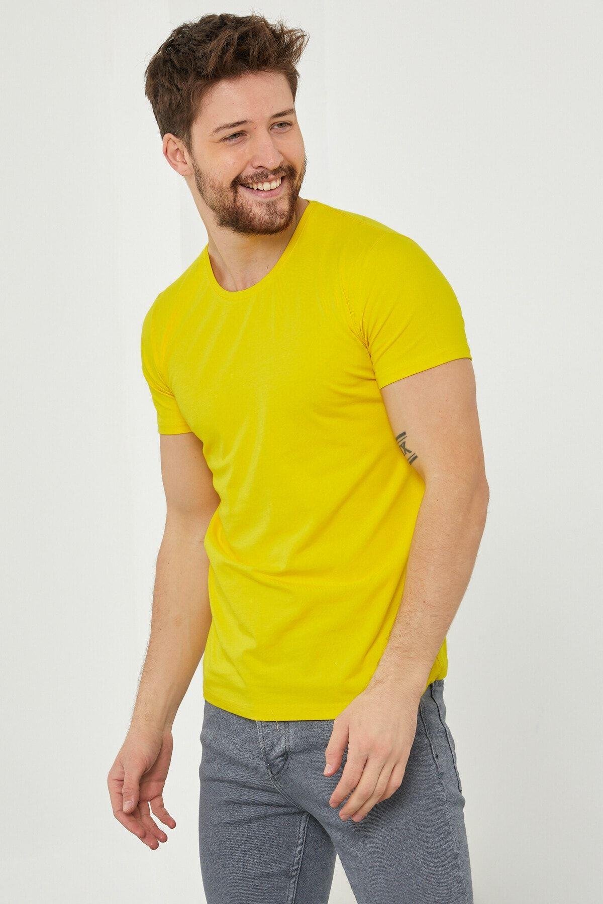 TARZ COOLT-ShirtDZTSRTErkek Sarı Düz Slim Fit Likralı T-shirt-dztsrtr03s