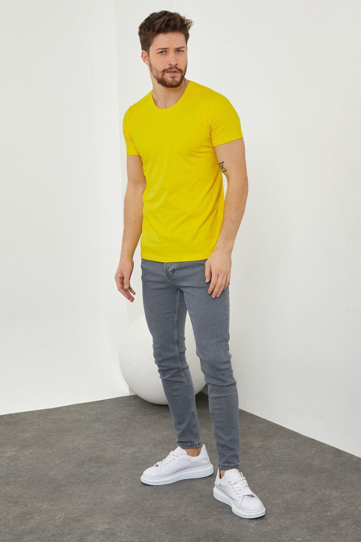 TARZ COOLT-ShirtDZTSRTErkek Sarı Düz Slim Fit Likralı T-shirt-dztsrtr03s