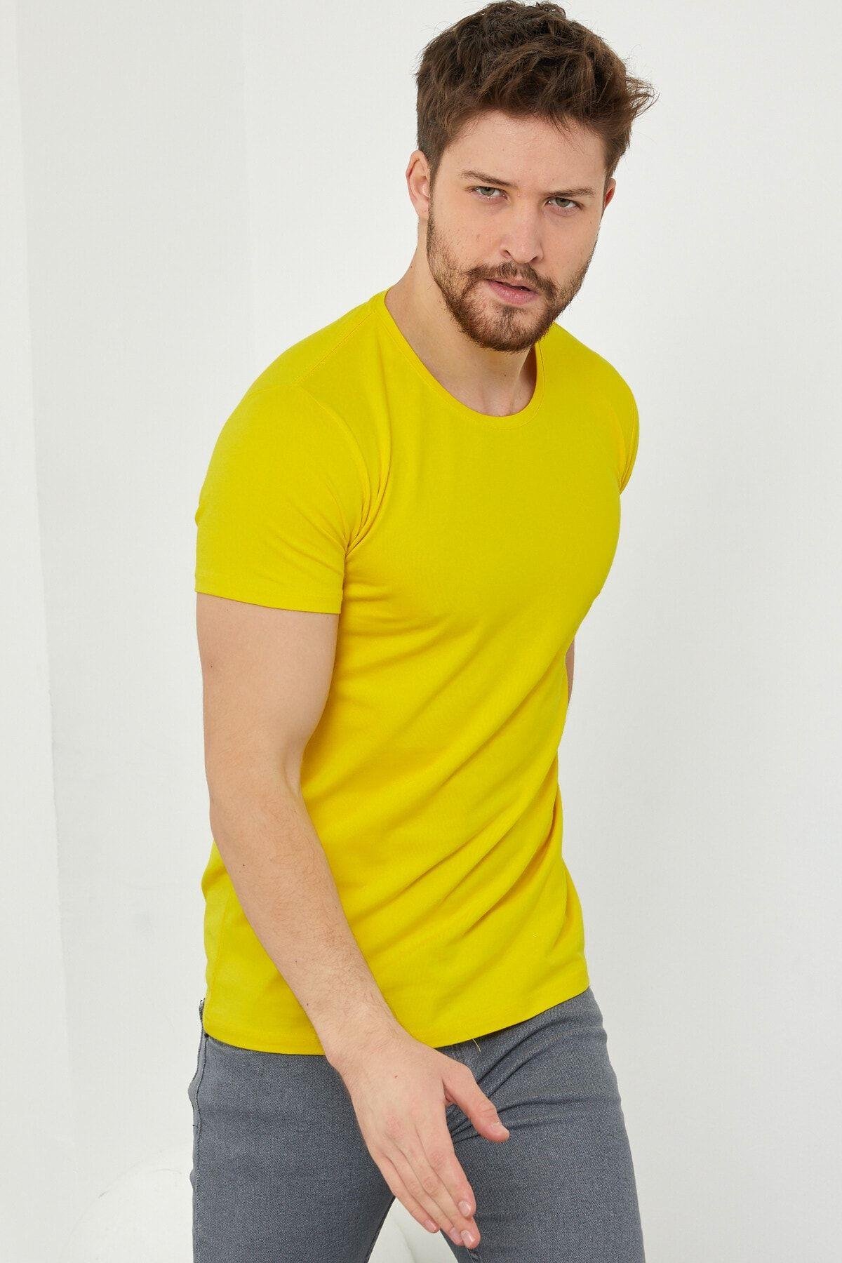 TARZ COOLT-ShirtDZTSRTErkek Sarı Düz Slim Fit Likralı T-shirt-dztsrtr03s