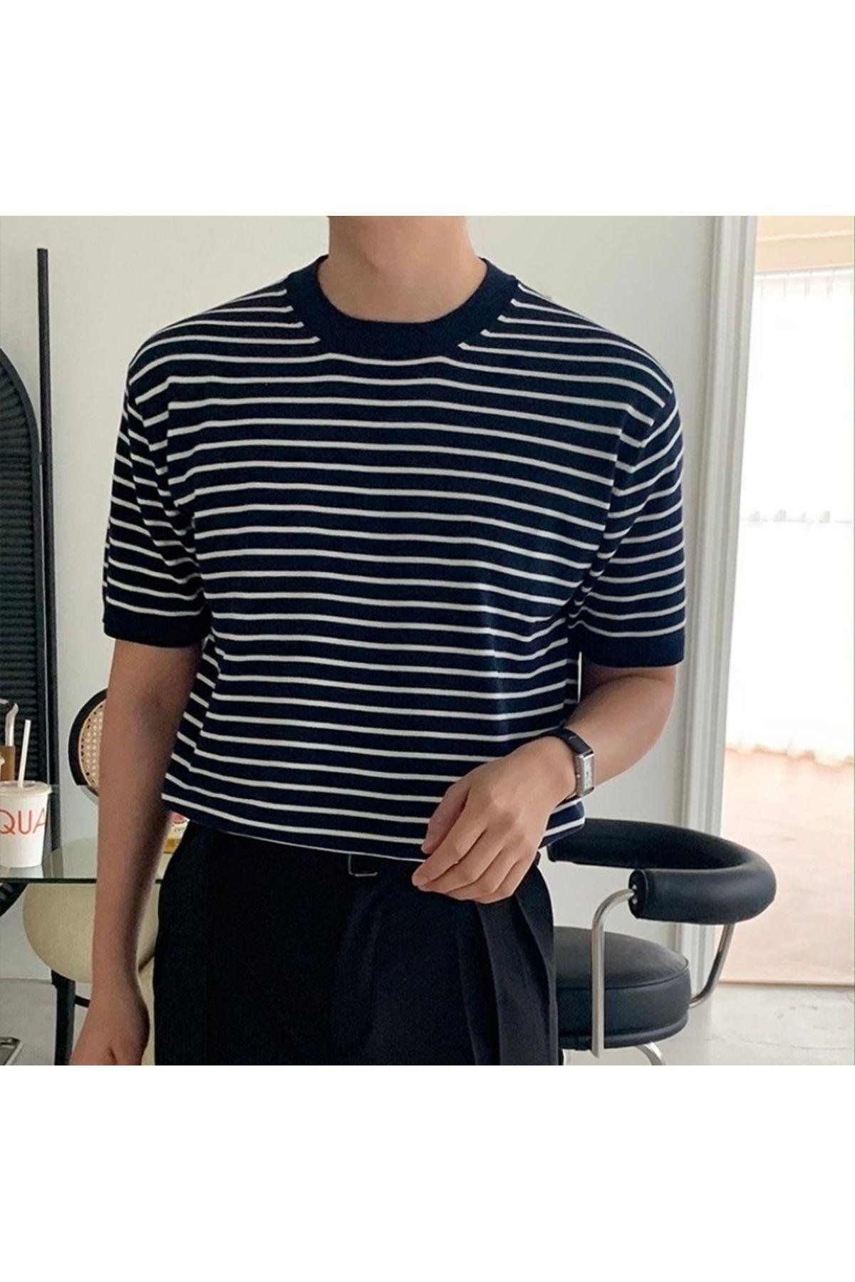 TARZ COOLT-ShirtTC00420Erkek Lacivert Kısa Kollu Fitilli Akrilik-Pamuk Karışımlı Triko T-Shirt