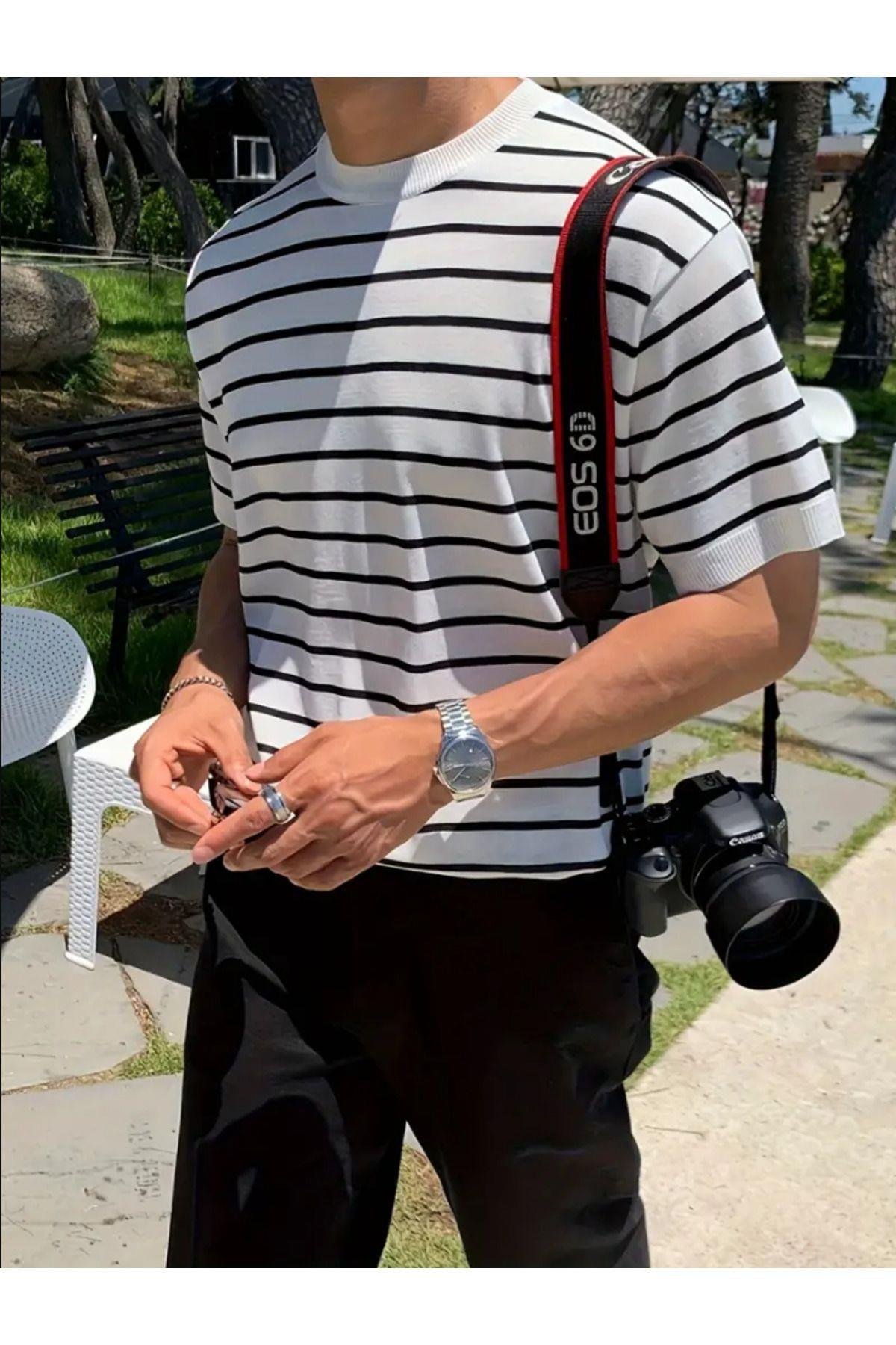 TARZ COOLT-ShirtTC00420Erkek Mat Beyaz Kısa Kollu Fitilli Akrilik-Pamuk Karışımlı Triko T-Shirt