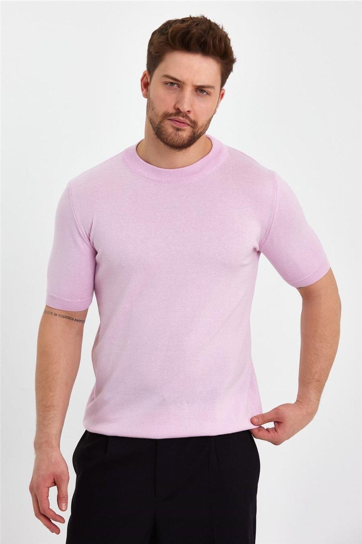 TARZ COOLT-ShirtTRZ19129Pembe Erkek Yarım Balıkçı Düz Triko T-shirt-trz19129r11s