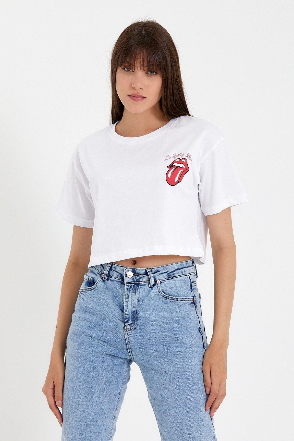 TARZ COOLT-ShirtTYC00488108842Beyaz Kadın Dil Ön Arka Baskılı Crop Tshirt-xdlbyntstr02s
