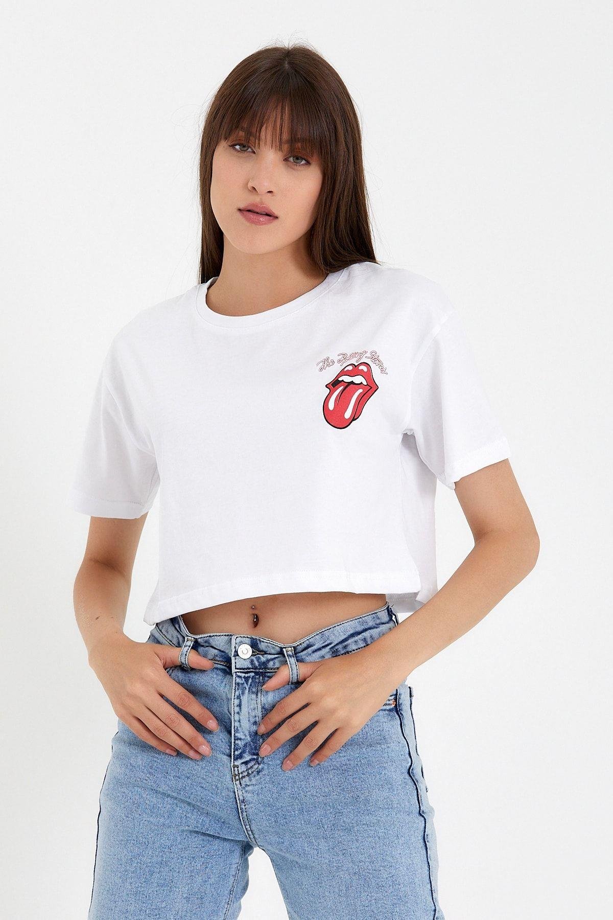 TARZ COOLT-ShirtTYC00488108842Beyaz Kadın Dil Ön Arka Baskılı Crop Tshirt-xdlbyntstr02s