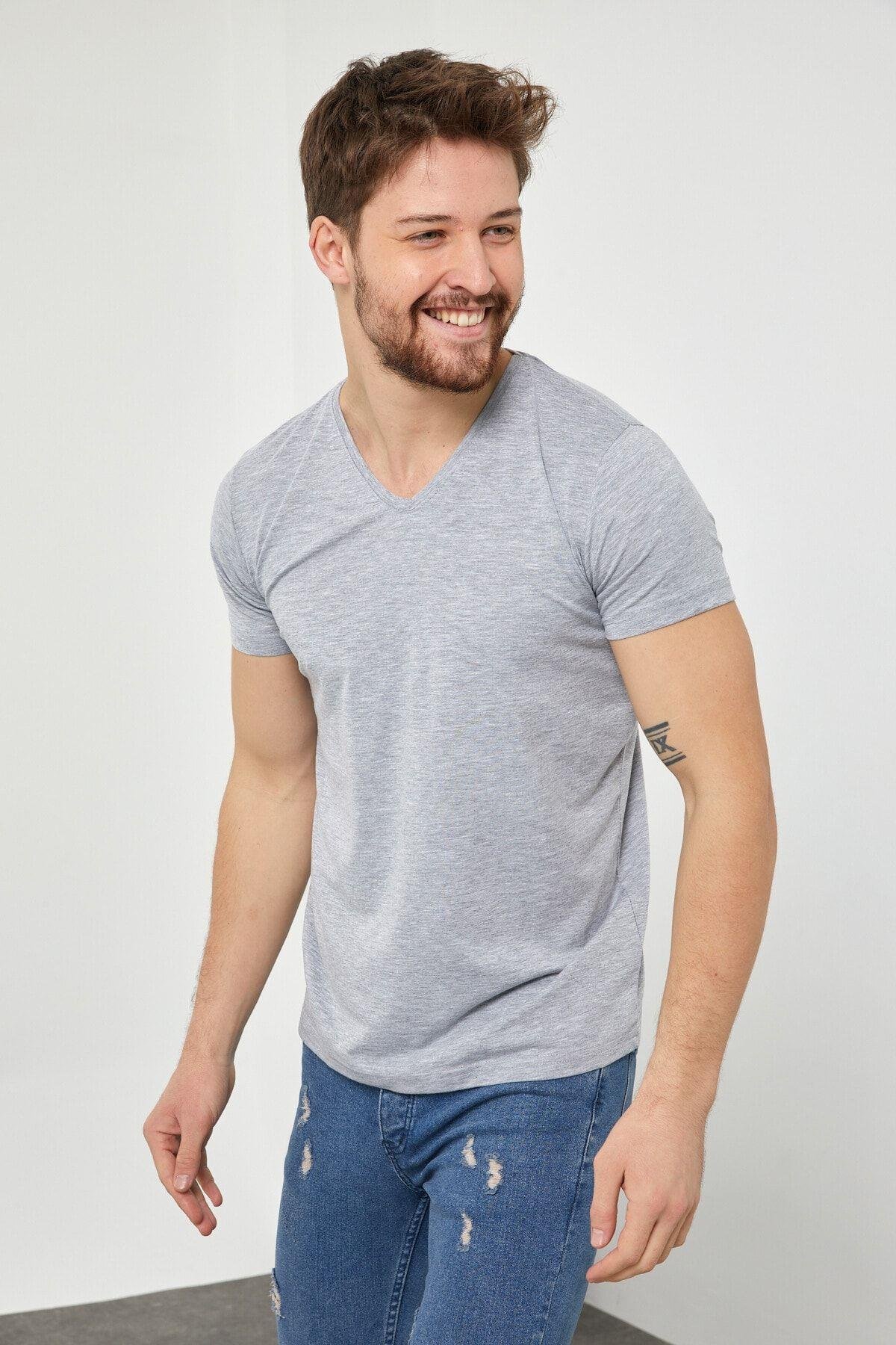 TARZ COOLT-ShirtVYKTSErkek Gri V Yaka Slim Fit Likralı T-shirt vyktsr05s