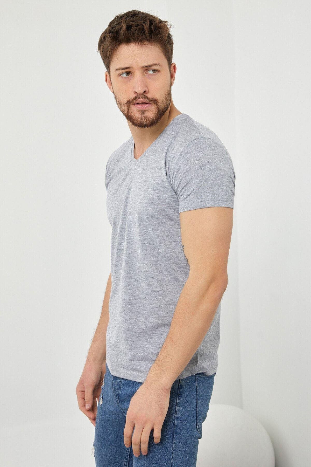 TARZ COOLT-ShirtVYKTSErkek Gri V Yaka Slim Fit Likralı T-shirt vyktsr05s
