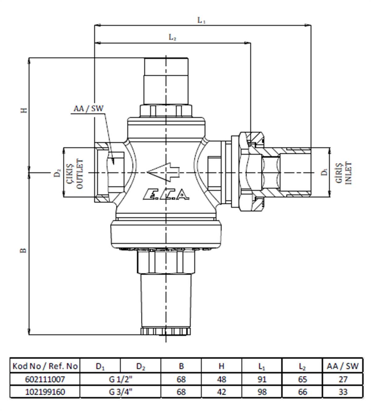 Eca Su Basınç Düşürücü Valf Rekorlu DN20 - 3/4'' (İç Vida x Rekorlu)