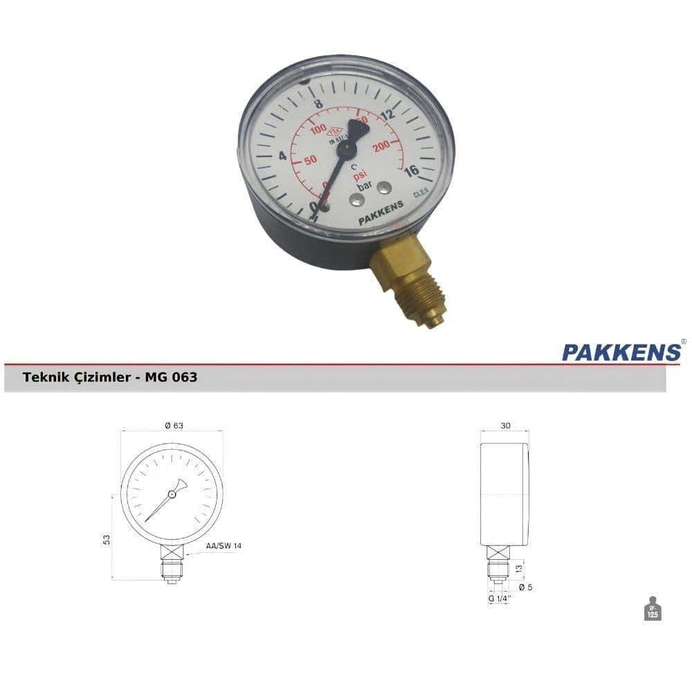 Radyatör Tapa ve Purjör-Diğer-Pakkens Manometre Ø63mm 16 bar G1/4-Pakkens-6316