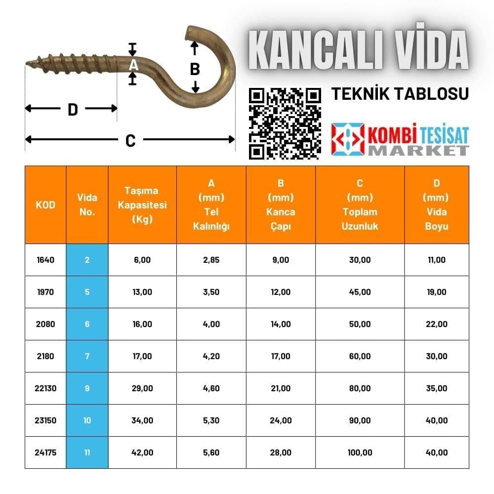 Kancalı çengel vida ölçüleri