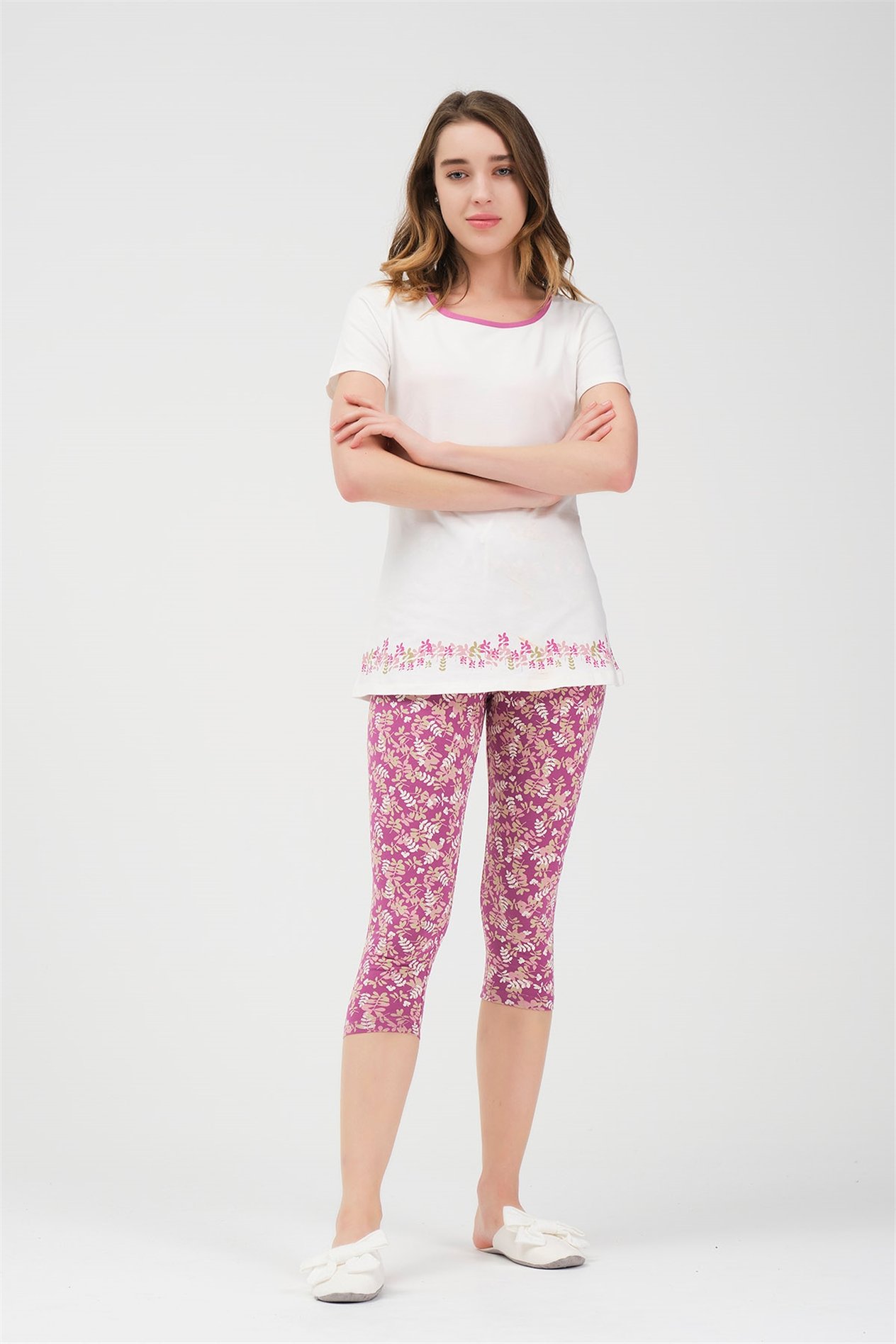 Baykar Kadın Çiçek Desenli Kaprili Pijama Takımı 9418 Beyaz