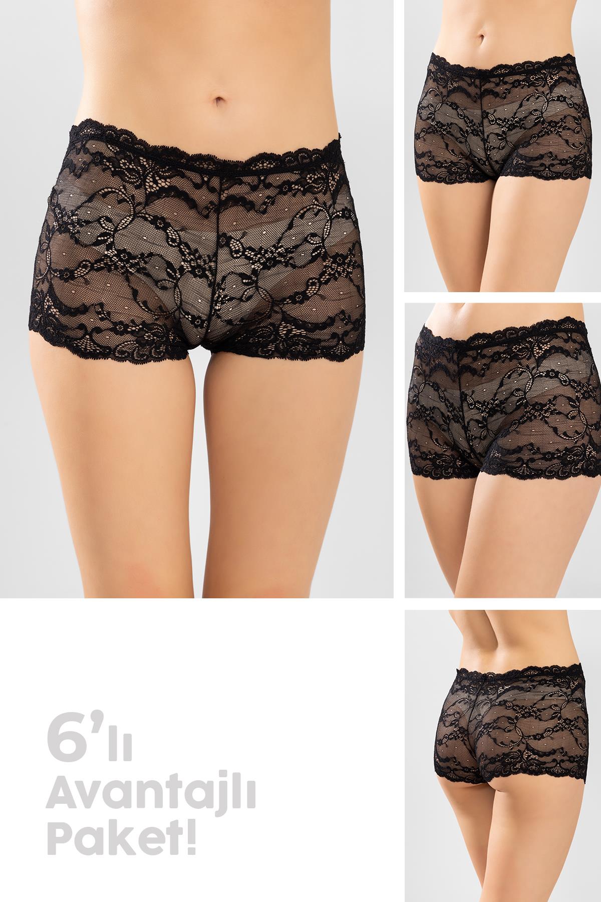 Dantelli Kadın Boxer Şort 6'lı paket 8257-6 Siyah