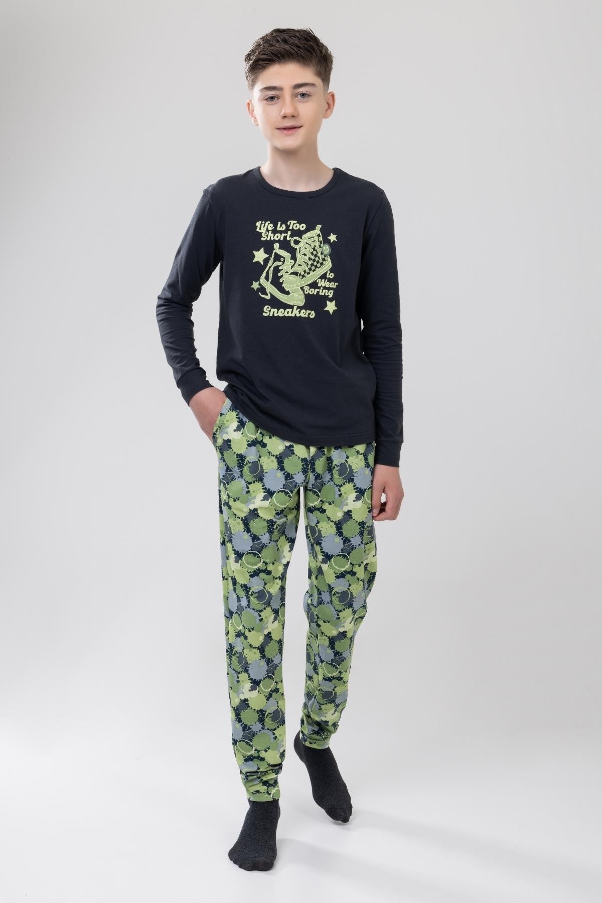 Erkek Çocuk Pamuklu Baskılı Bisiklet Yaka Uzun Kollu Manşetli Pijama Takımı 9608 Yeşil