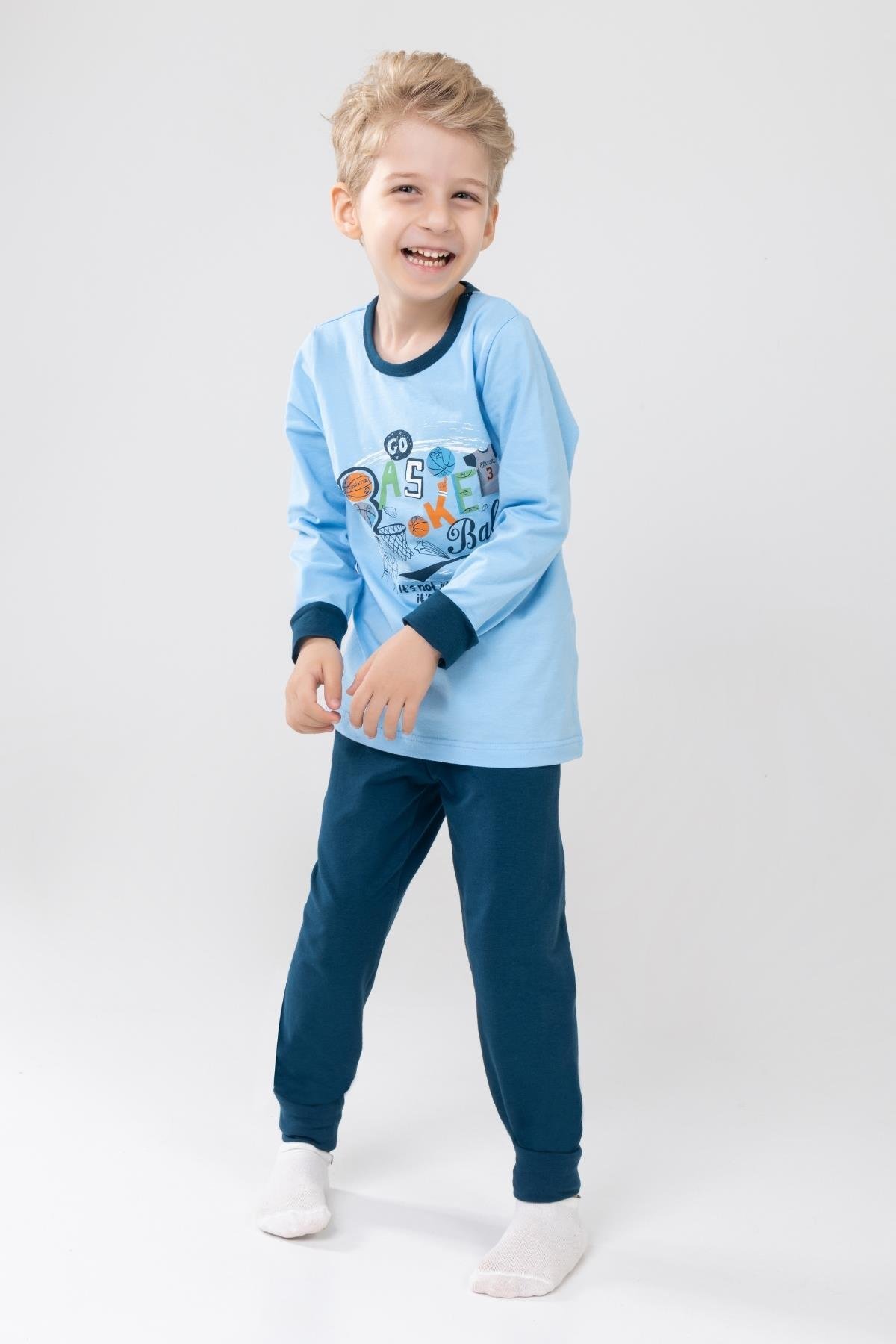 Erkek Çocuk Pamuklu Baskılı Bisiklet Yaka Uzun Kollu Manşetli Pijama Takımı 9606-1 Mavi