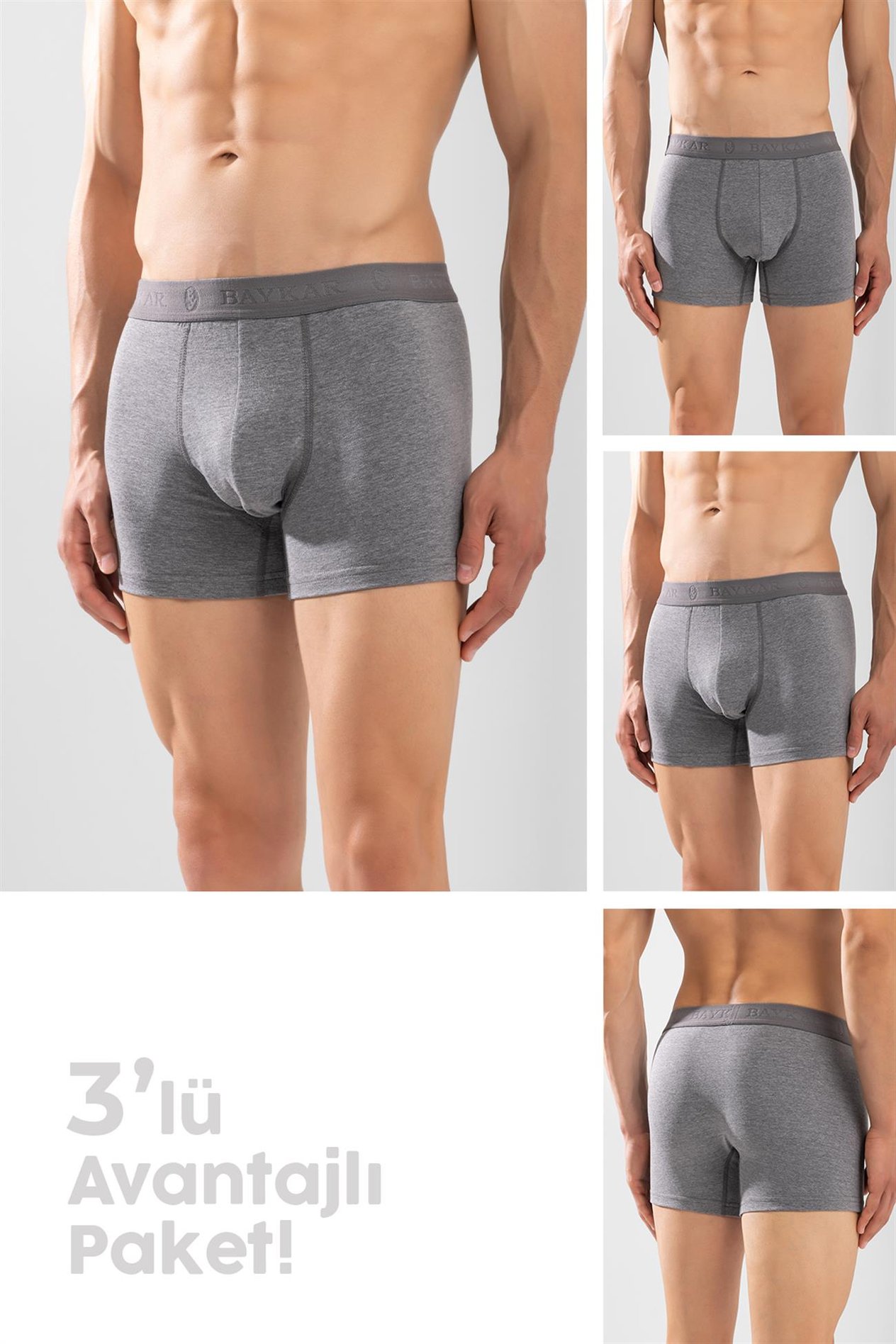 Erkek Compact Pamuklu Düz Boxer 3'lü Paket Füme