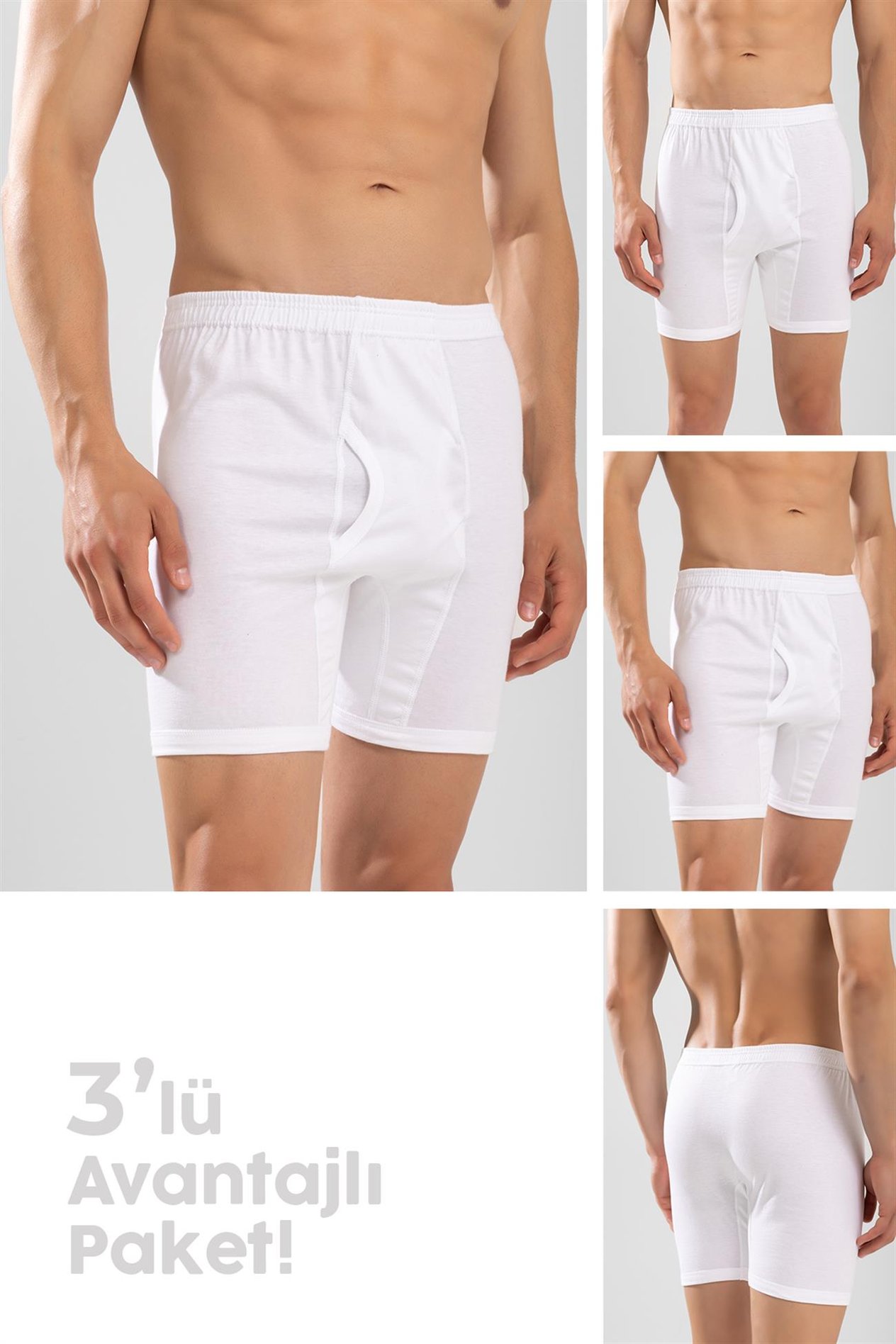 Erkek Pamuklu Arjantin Paçalı Boxer 3'lü Paket Beyaz