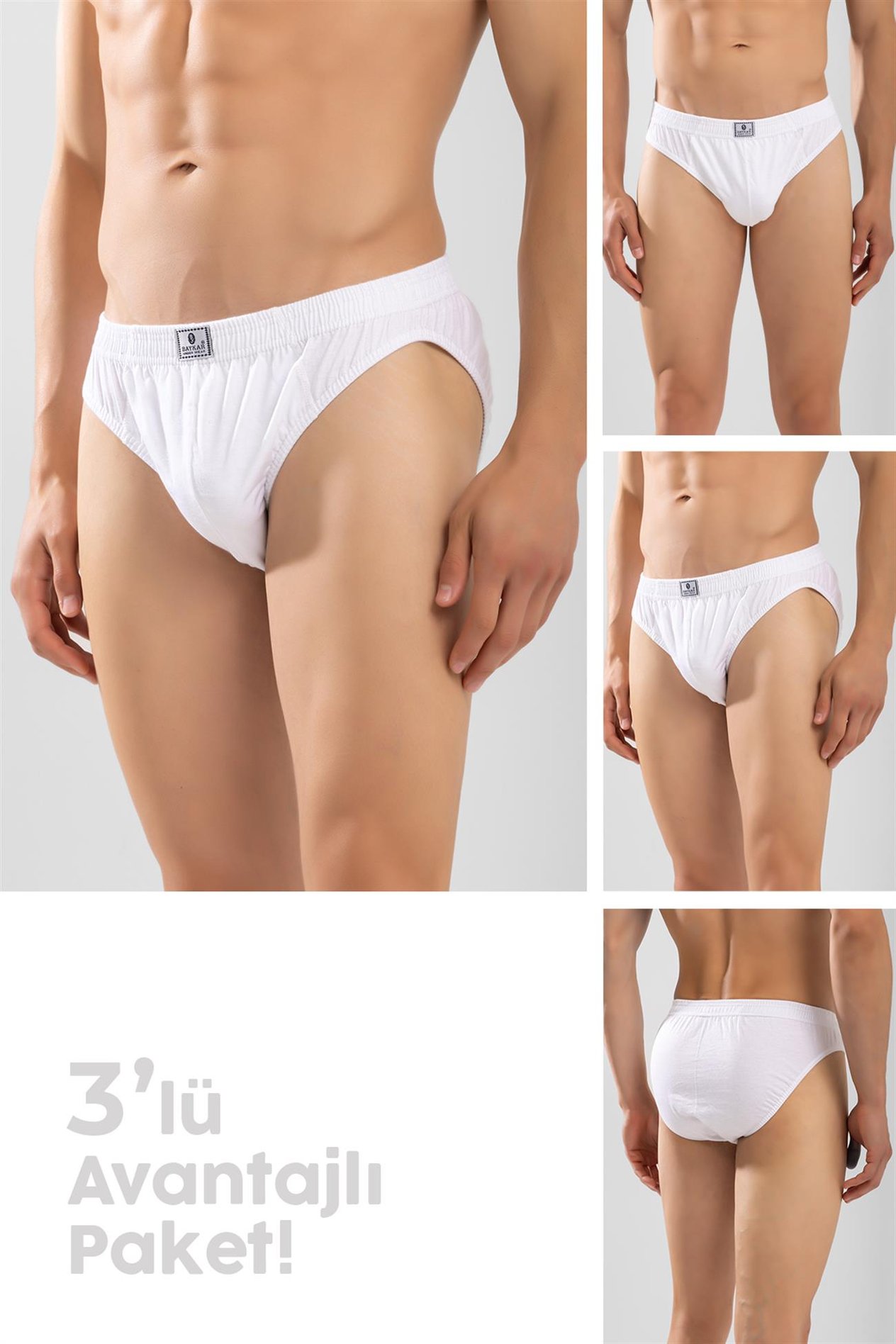 Erkek Pamuklu Beli Lastikli Düz Slip Külot 3'lü Paket Beyaz