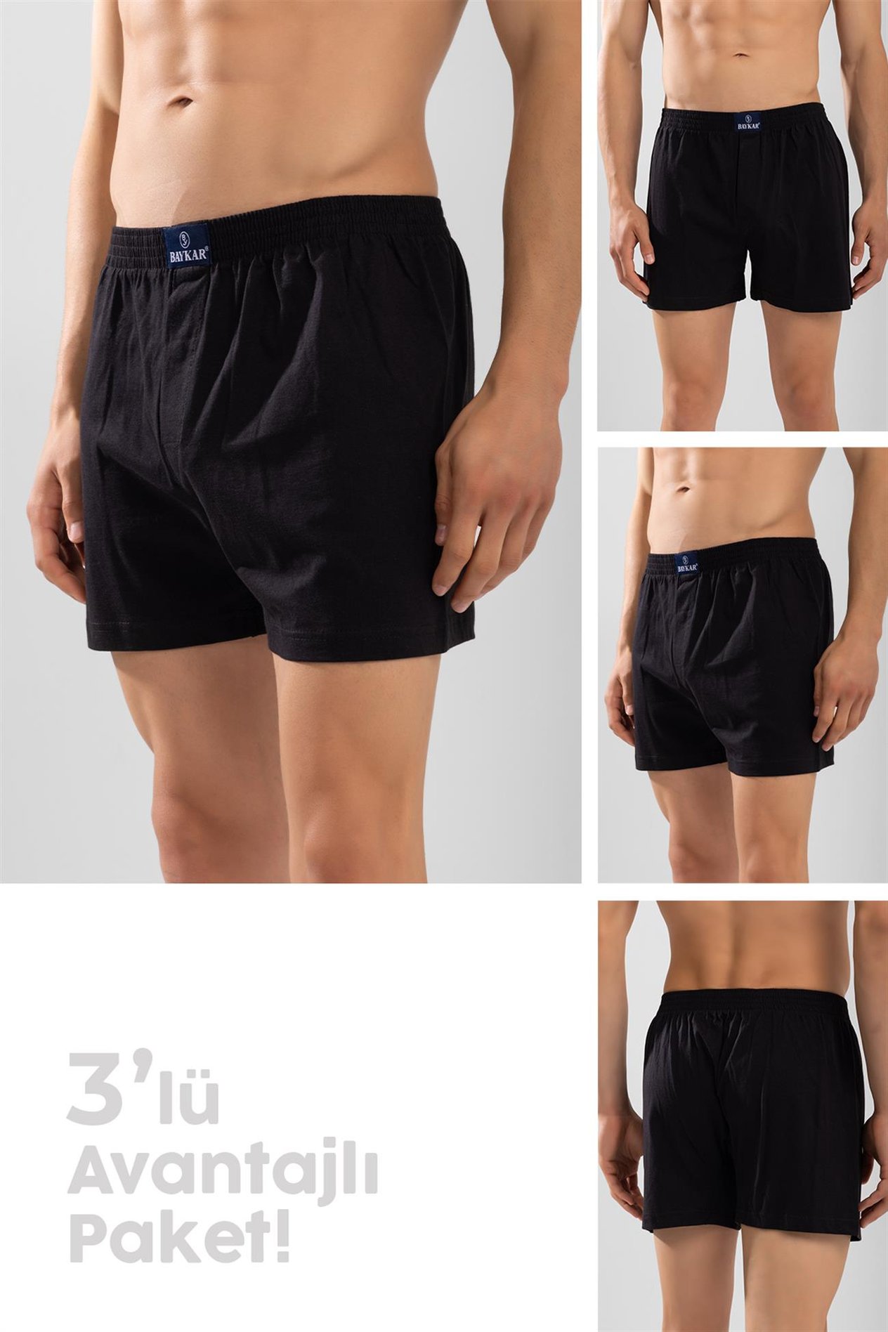 Erkek Pamuklu Rahat Kesim Havlu Bel Boxer 3'lü Paket Siyah