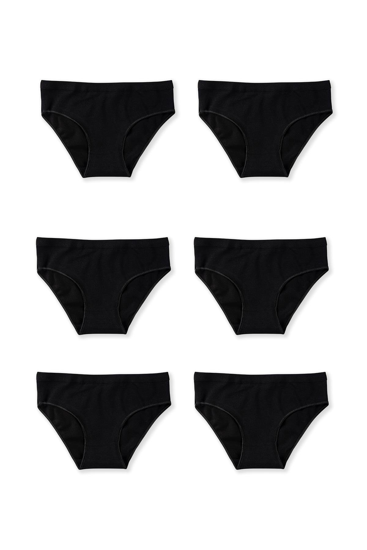 Genç Kız Çocuk Pamuklu Likralı Bikini Kesim Düz Basic Külot 6'lı Paket 5005 Siyah