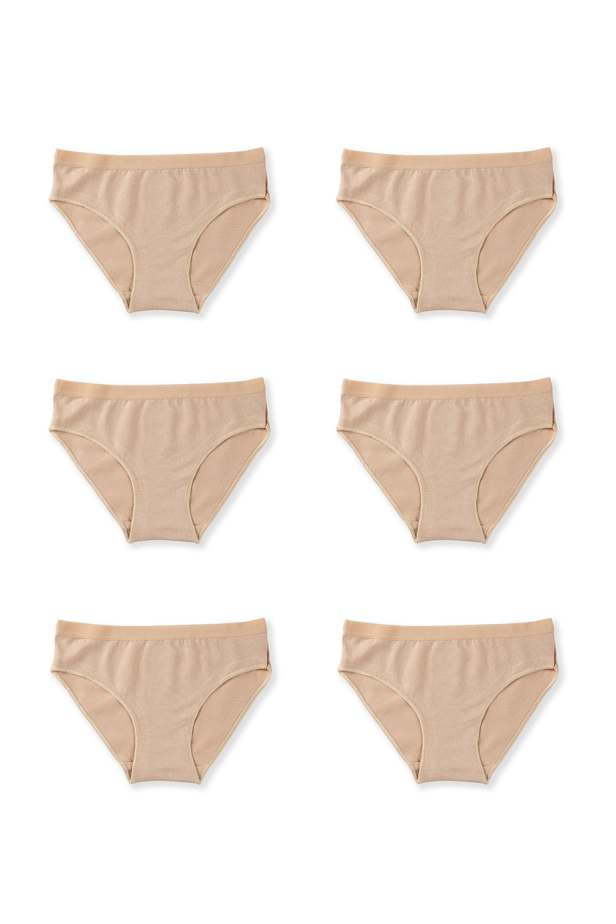 Genç Kız Çocuk Pamuklu Likralı Bikini Kesim Düz Basic Külot 6'lı Paket 5005 Ten Rengi