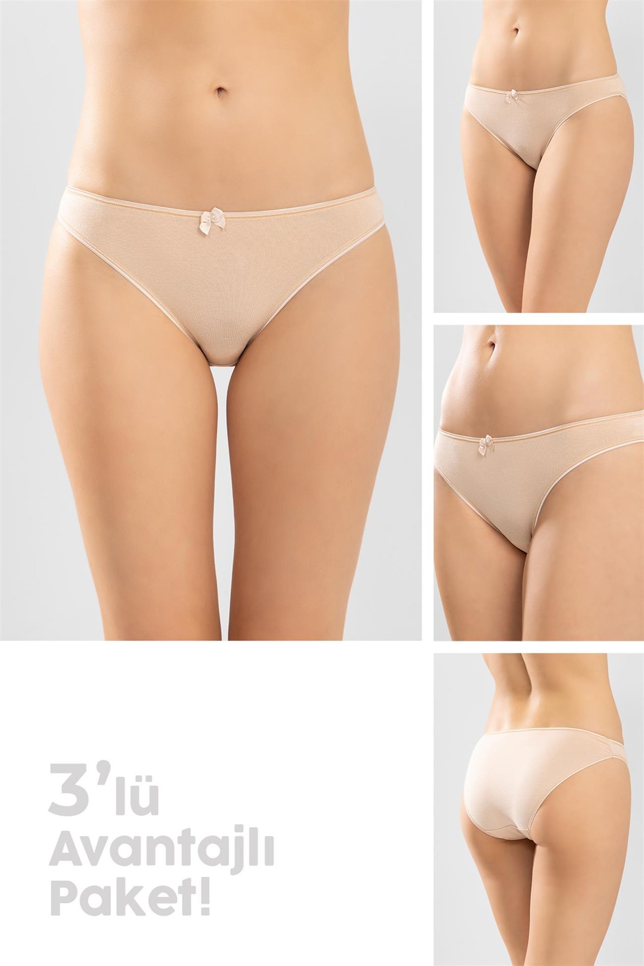 Kadın Bikini Kesim Basic Pamuklu Külot 3'lü Paket Ten Rengi