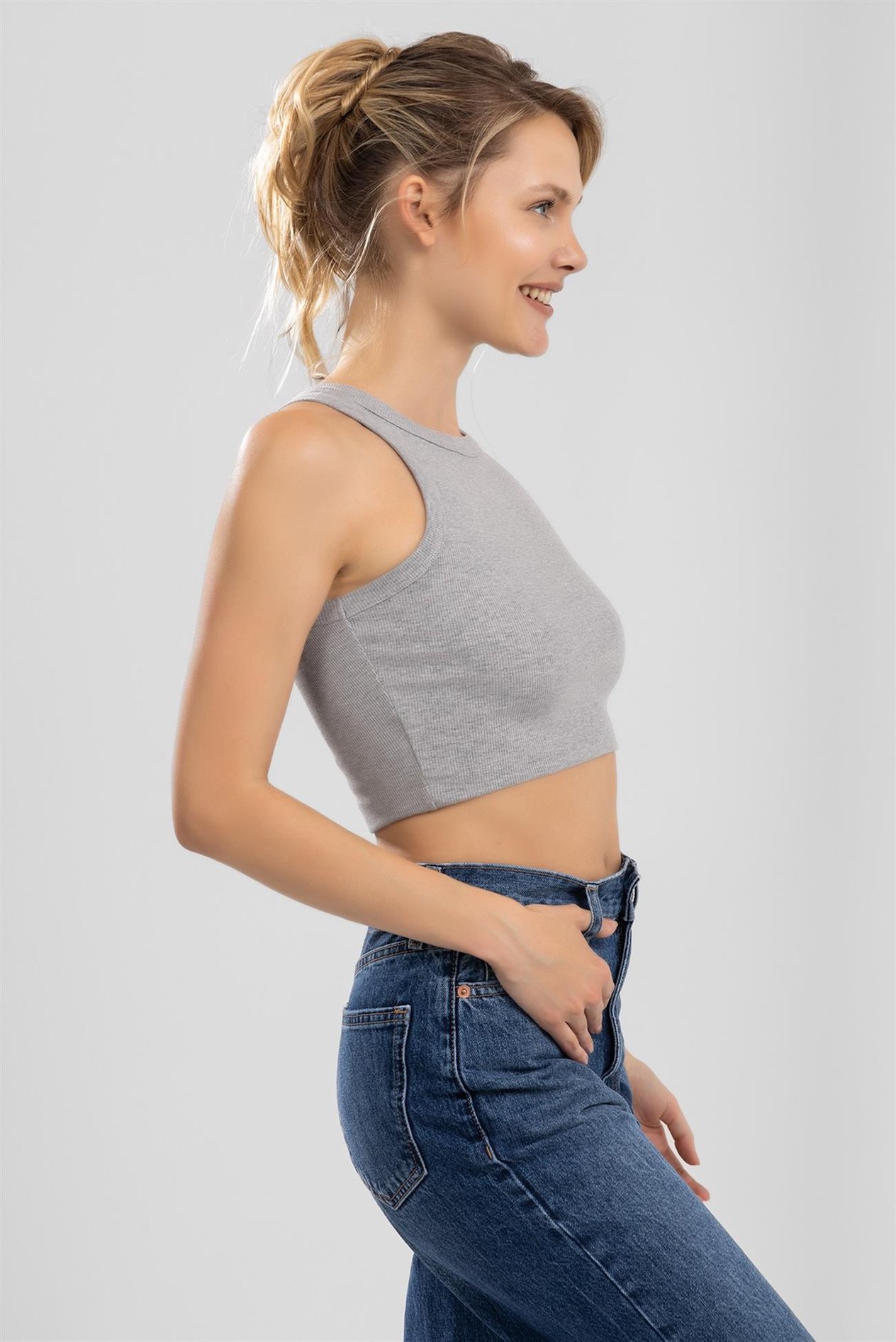 Kadın Bisiklet Yaka Sıfır Kol Kaşkorse Crop Büstiyer Gri
