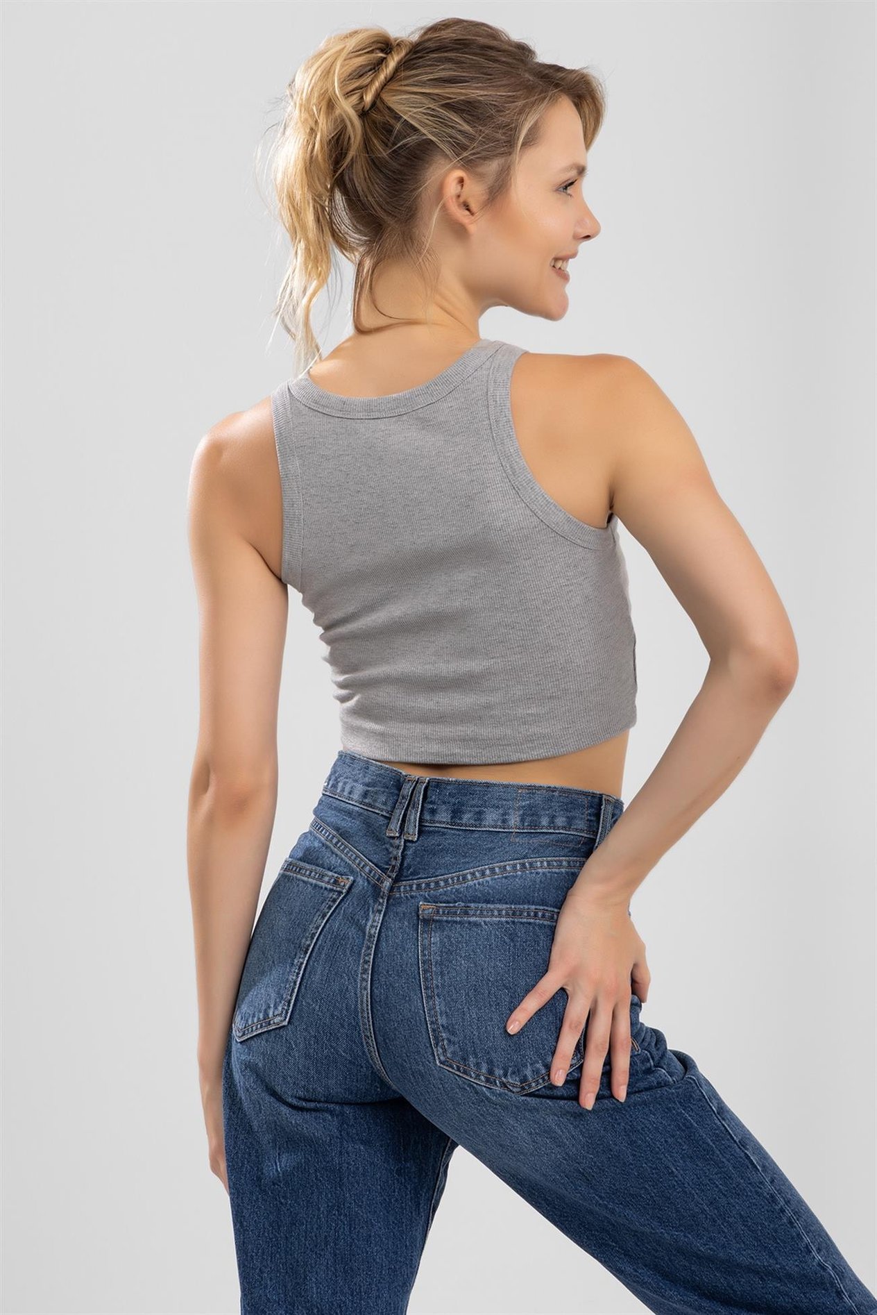 Kadın Bisiklet Yaka Sıfır Kol Kaşkorse Crop Büstiyer Gri